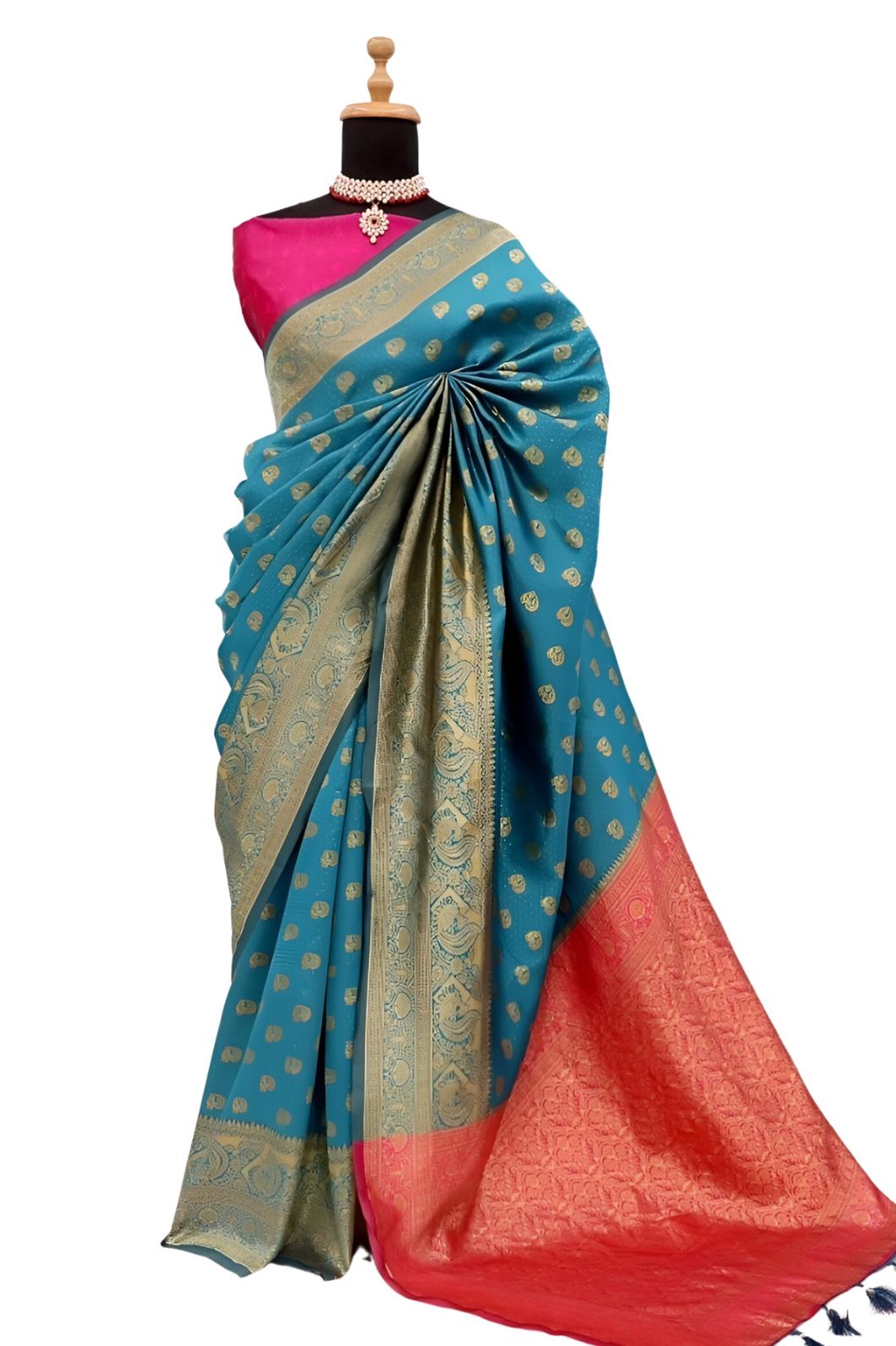 Studio front pose of aqua blue Banarasi saree with clean pleats – white background