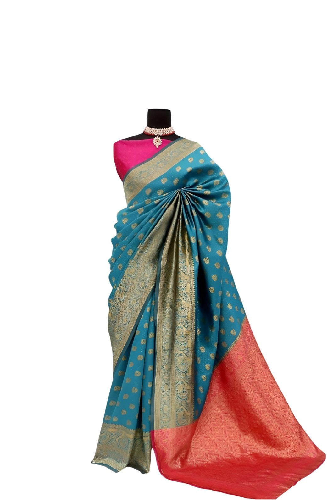 Studio front pose of aqua blue Banarasi saree with clean pleats – white background