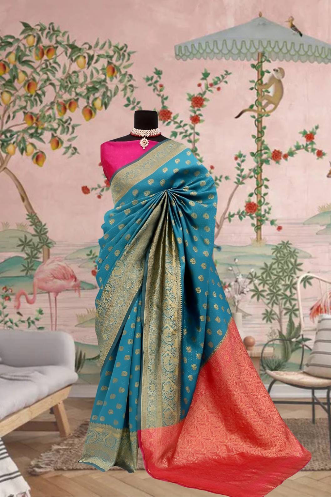 Front view of 💎 Neelakanjani aqua blue Banarasi printed saree – palace-style background