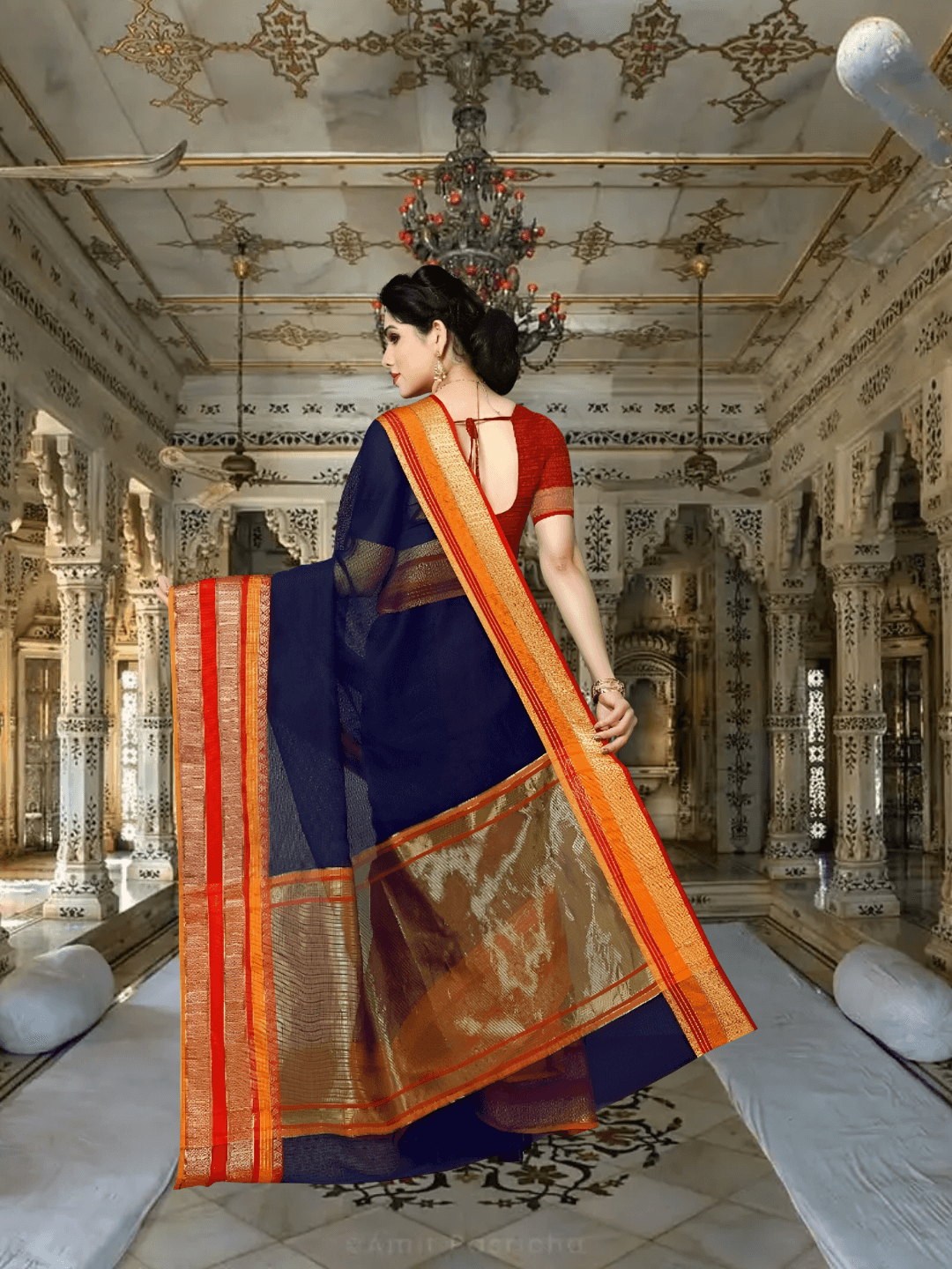 Poised portrait of woman in regal stance, golden pallu catching light with crimson edges