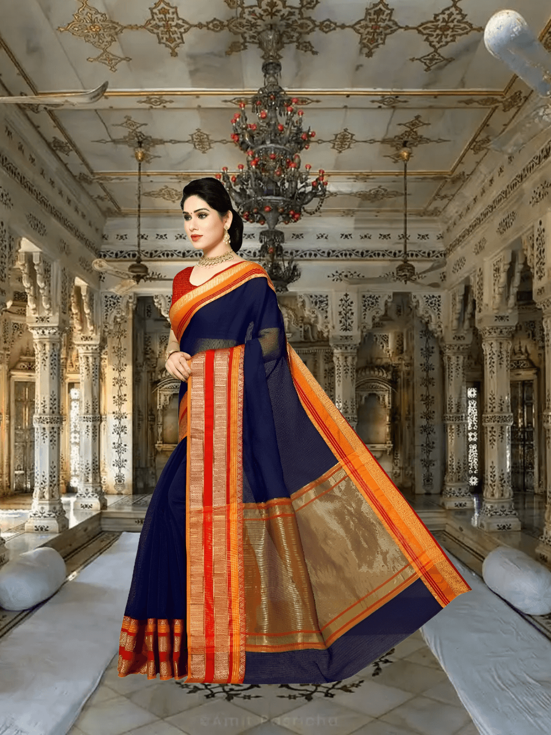 Candid moment of saree in motion, border swaying like fire through twilight