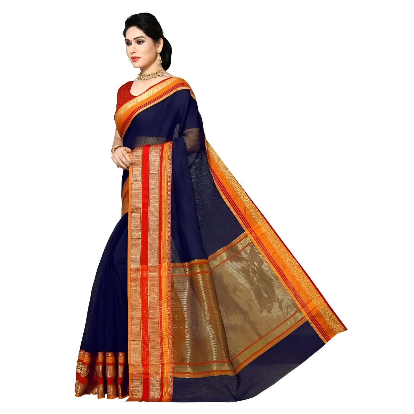Flowing pallu showcasing contrast golden zari and red detailing against deep navy fabric