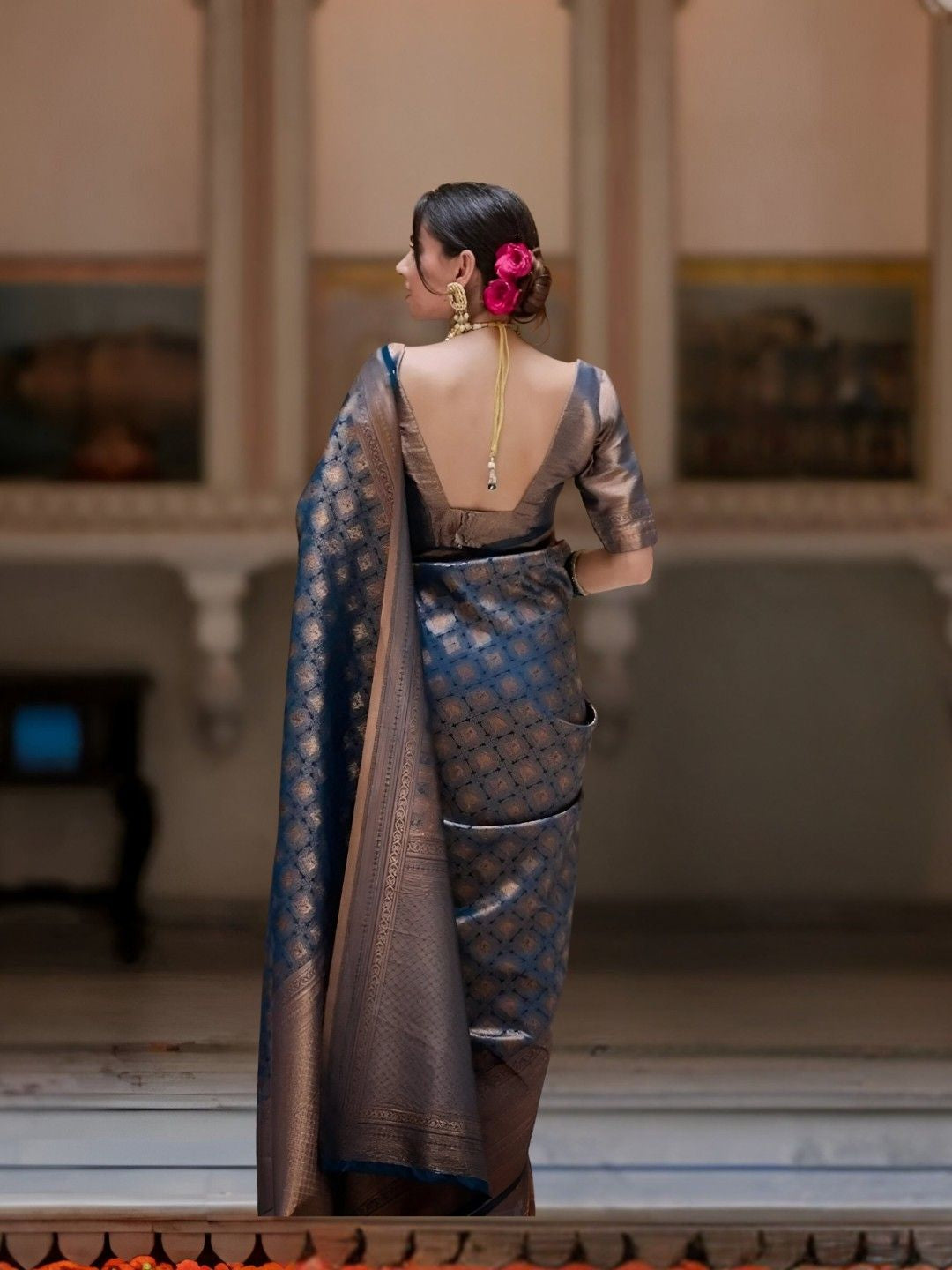 Back profile showing elegant pallu fall and motif detail