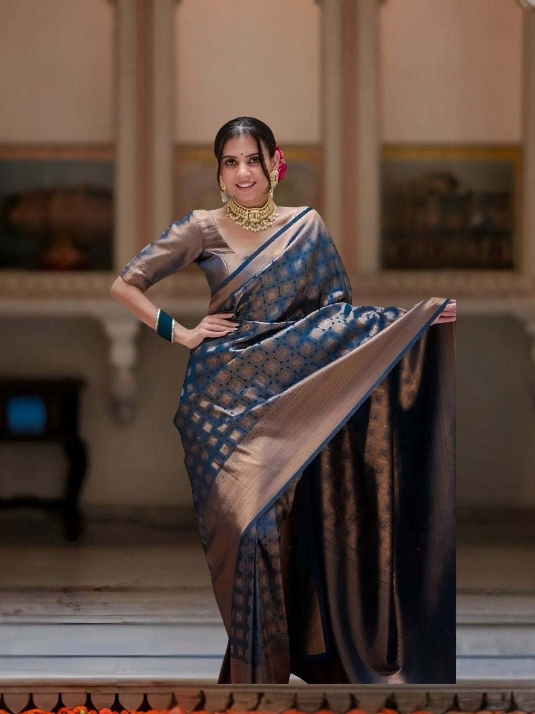 Model in Neelantara saree posing in palace room, front view