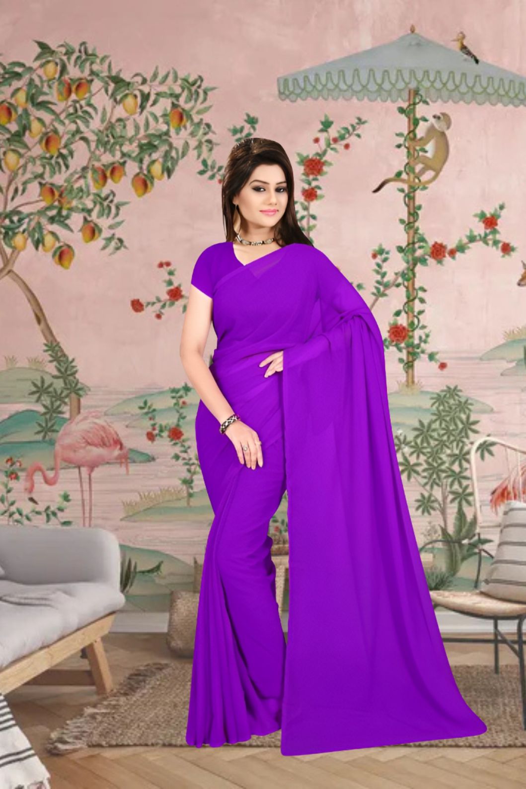 Front view of purple plain georgette saree in elegant setting