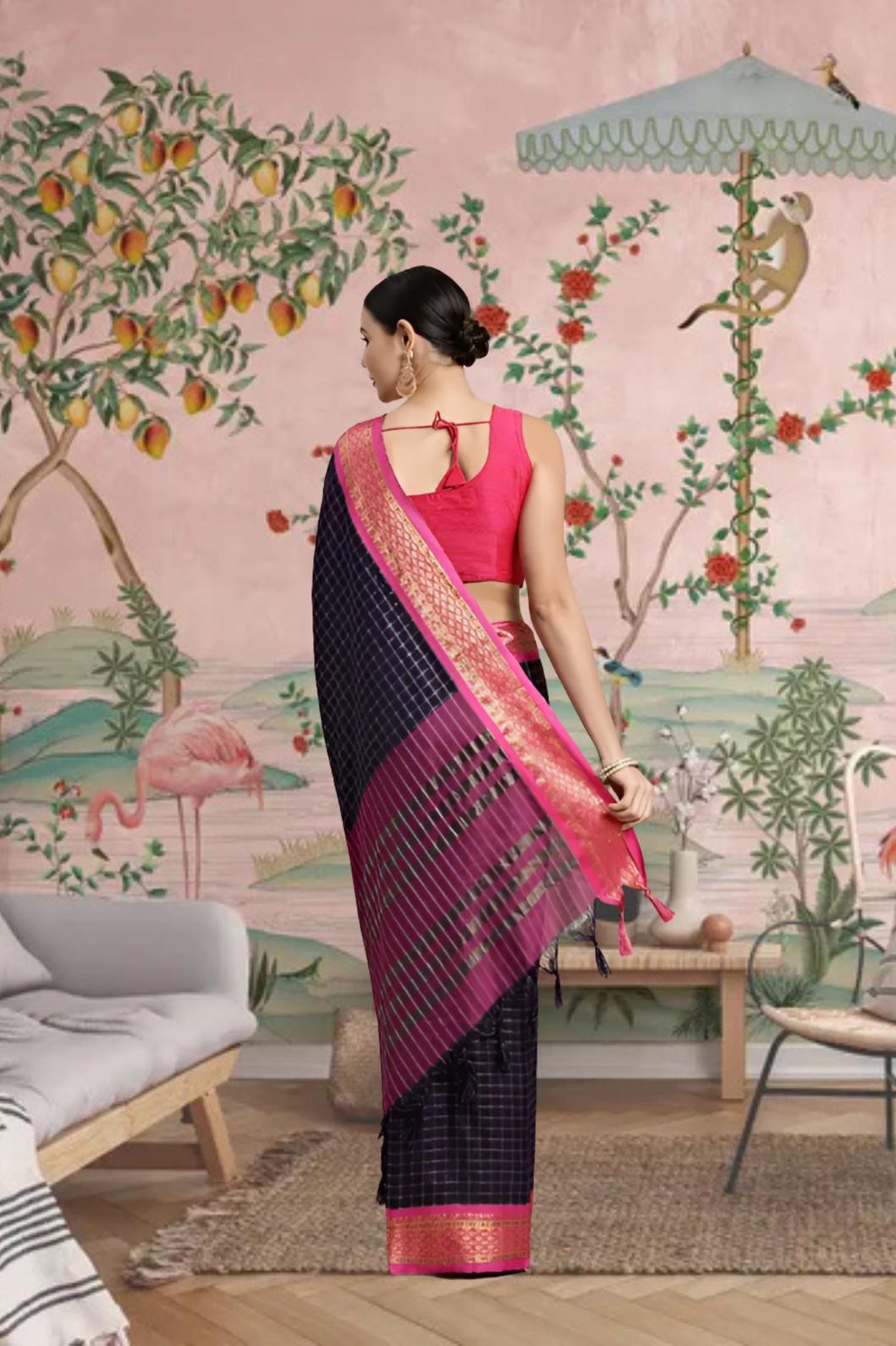 Rear view showing navy silk pallu in regal twilight tone