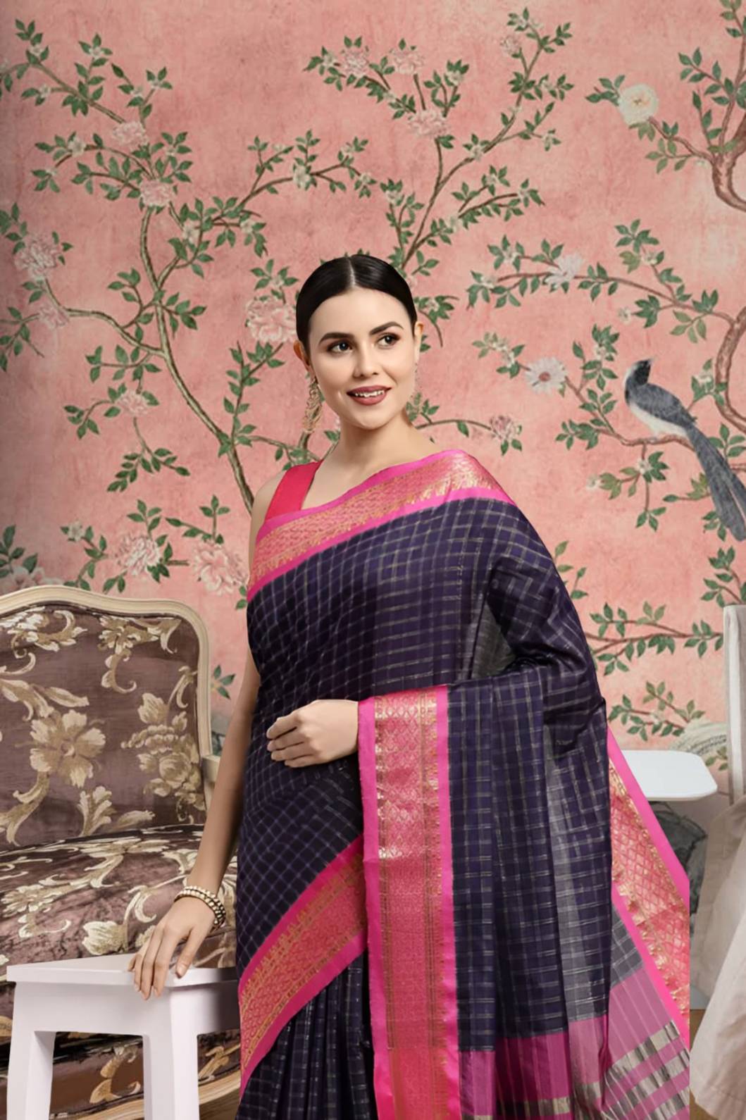 Front view of navy blue checkered saree in royal setting