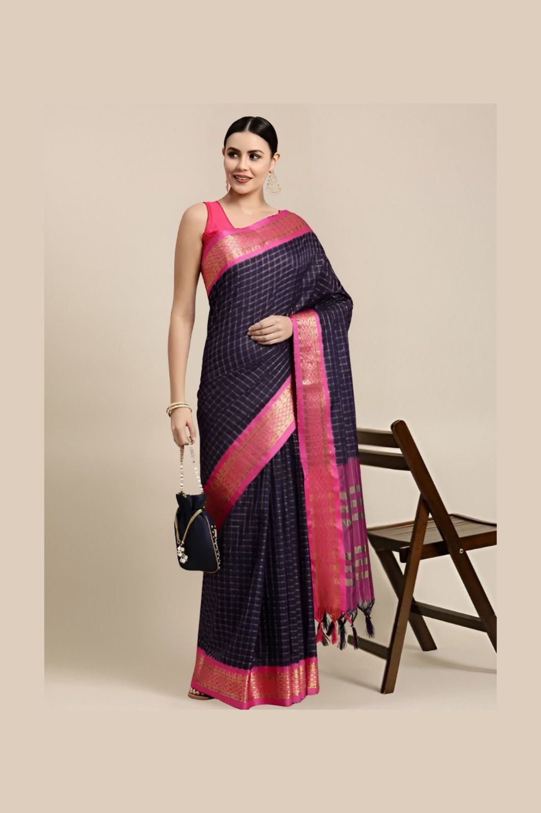 Studio front angle with navy blue saree and blouse pairing