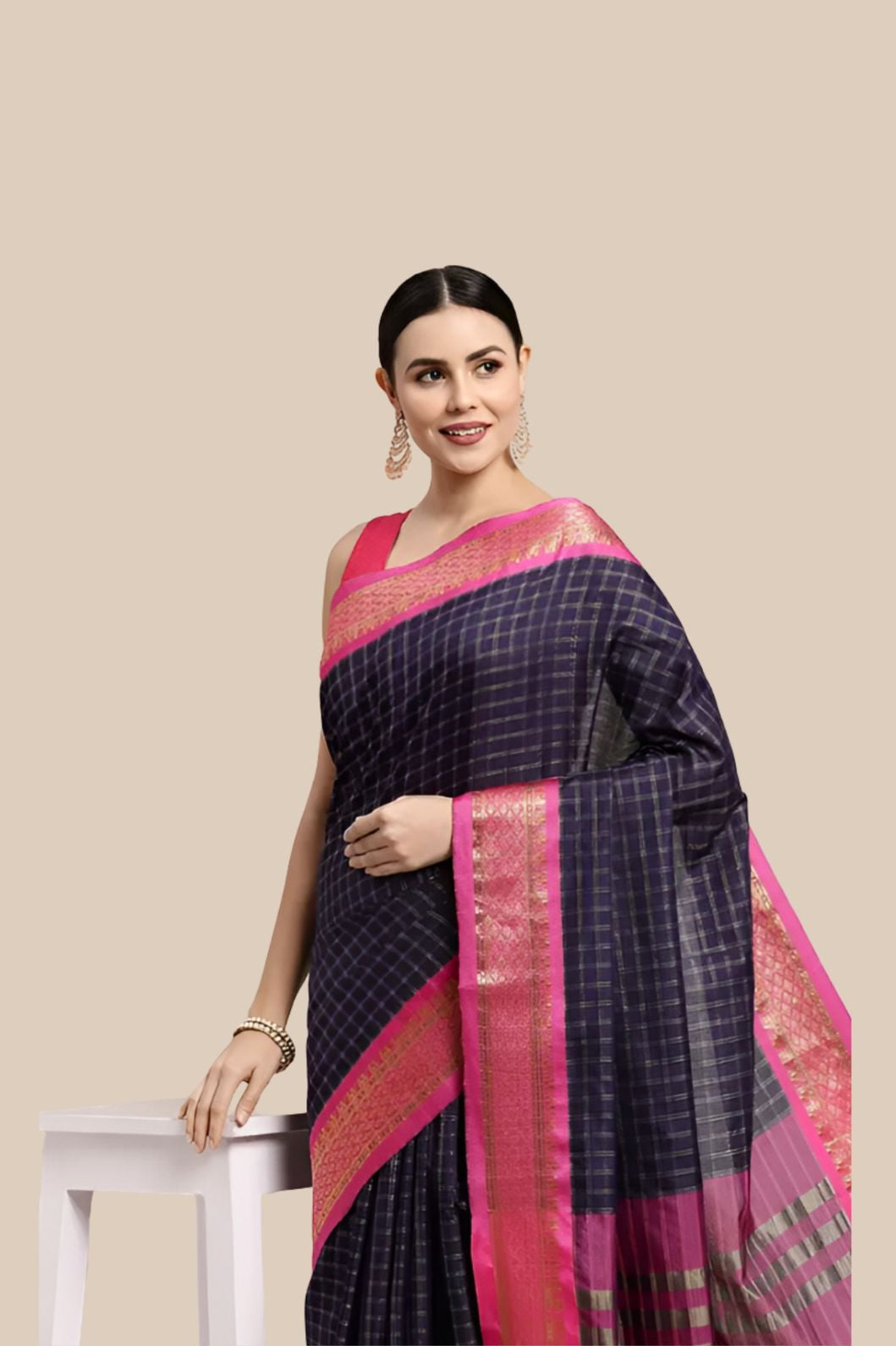 Studio front angle with navy blue saree and blouse pairing