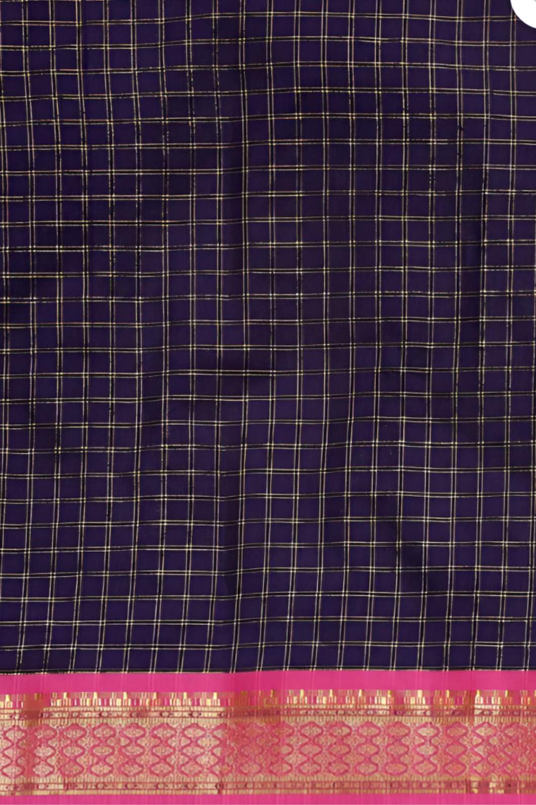 Studio close-up of navy checkered pallu and gold edge glint