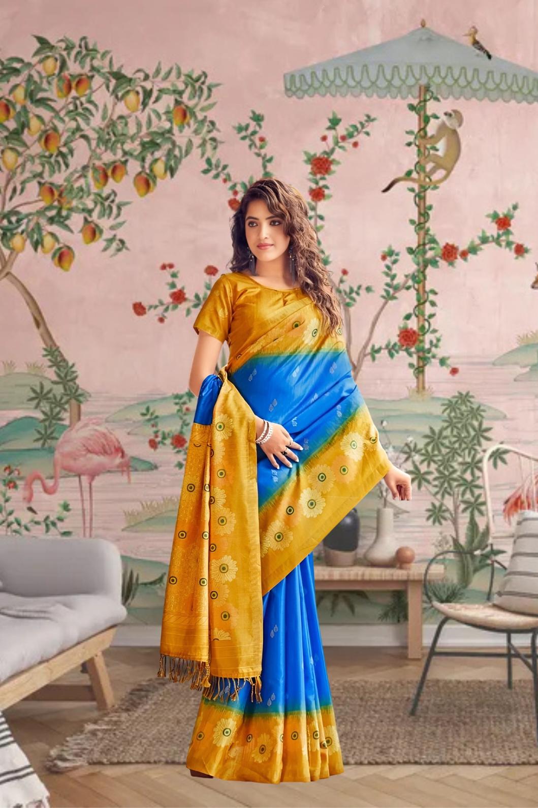 Front view of blue-yellow cotton saree glowing in regal palace setting