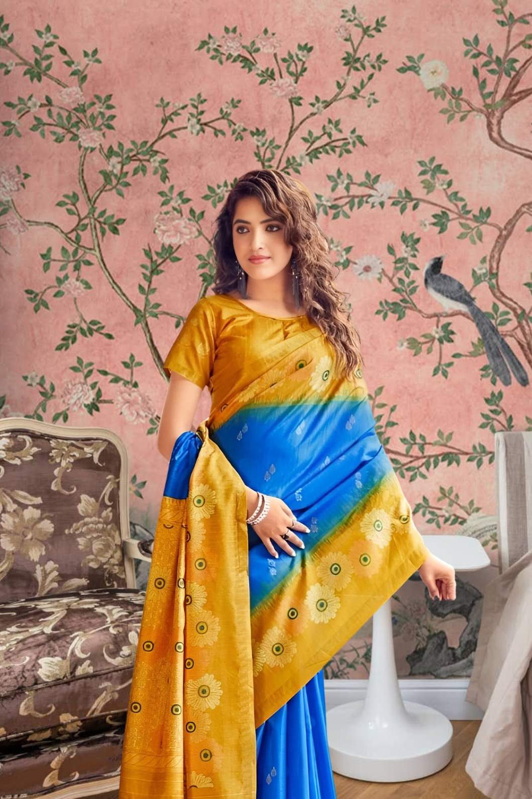 Front view of blue-yellow cotton saree glowing in regal palace setting