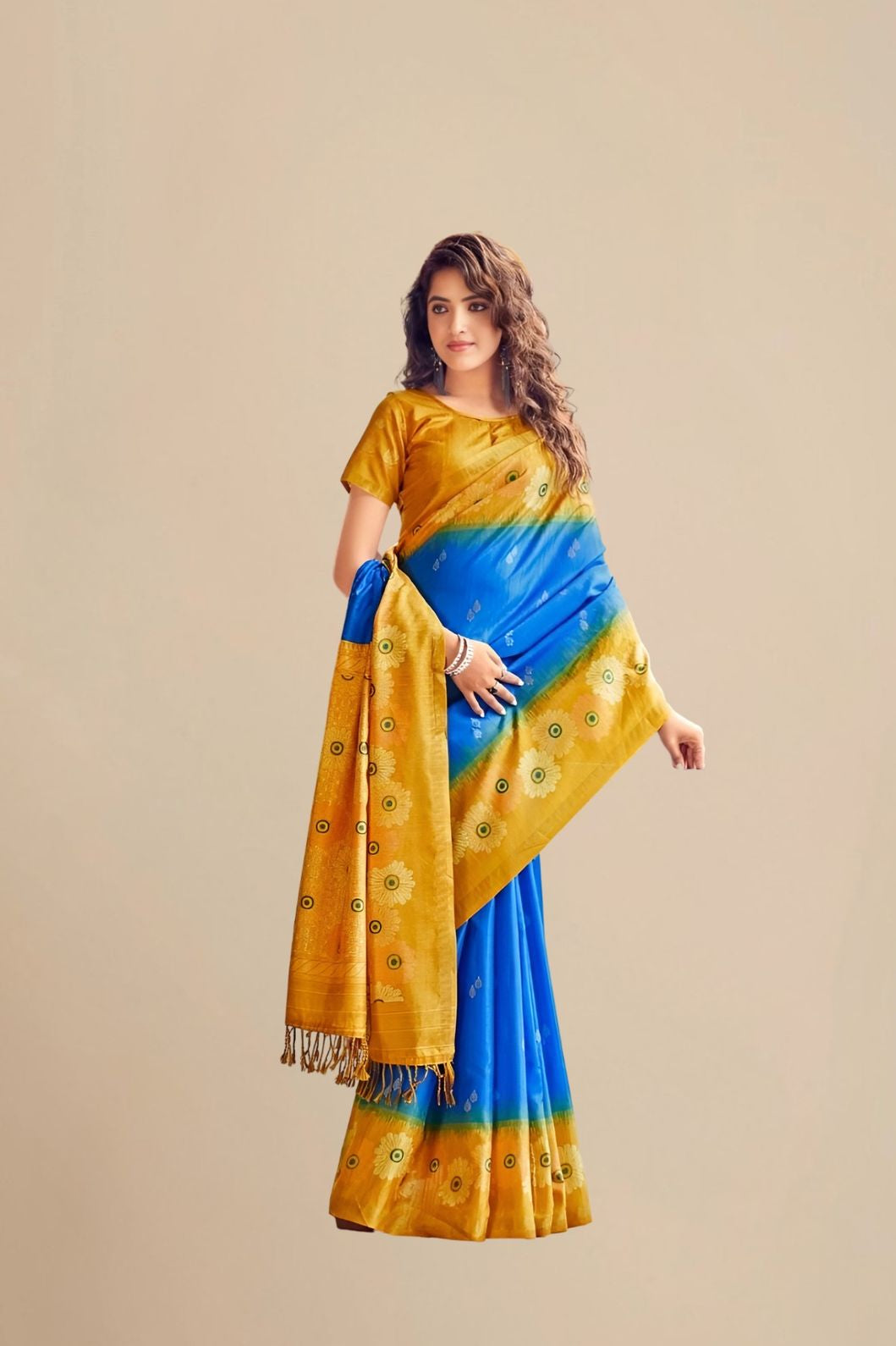 Studio front view showing full saree with color blend and structure
