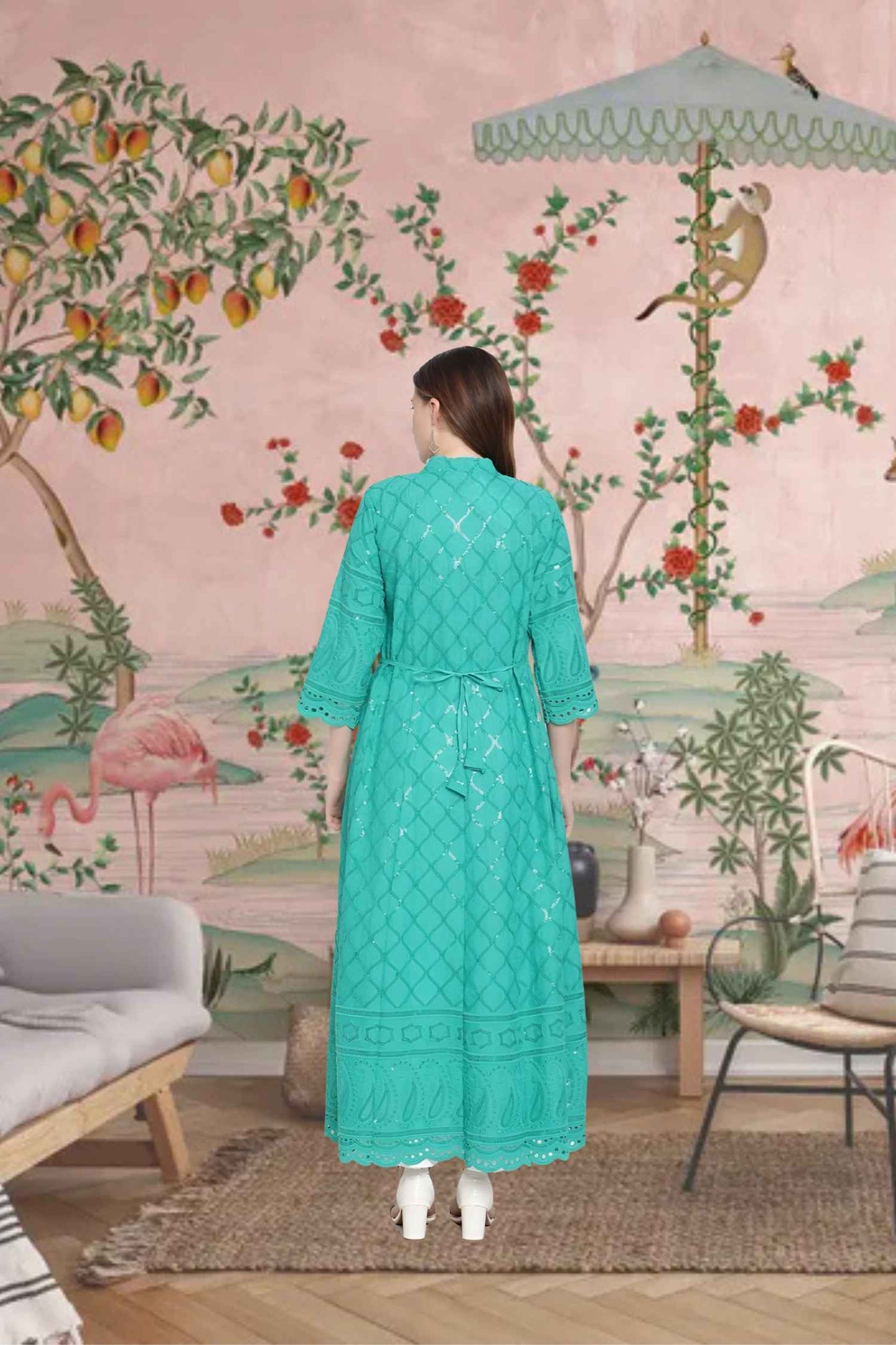 Rear angle showing embroidery like cloud trails