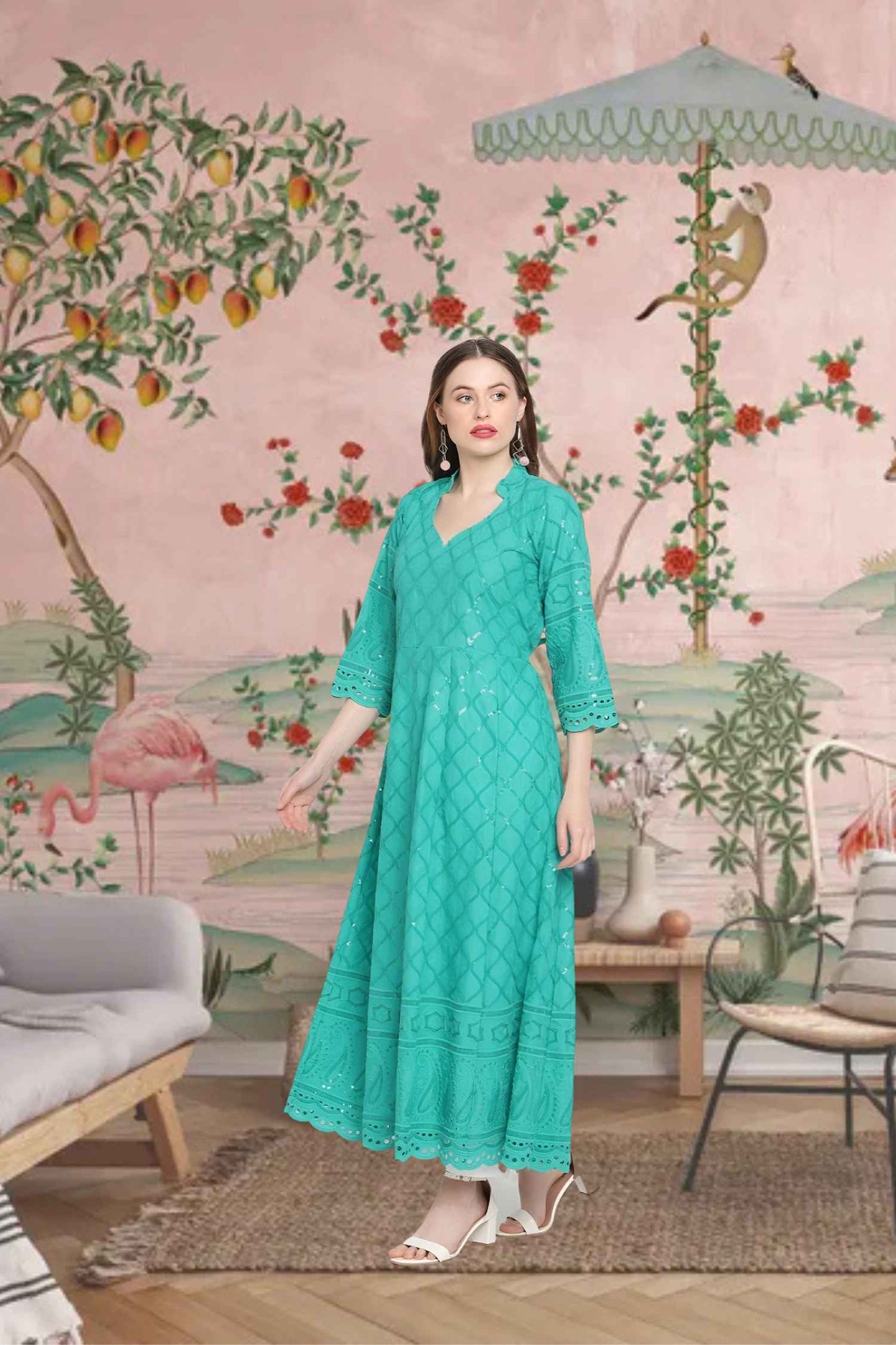 Front view: Blue kurti under open sky arches