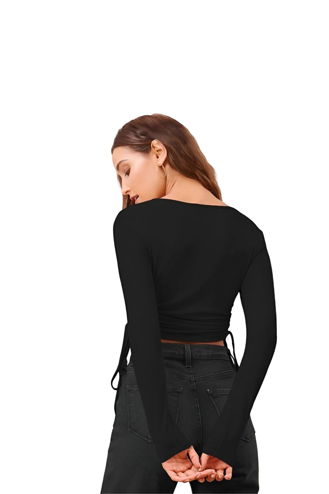 Studio back view of CELESTINA black polyester top
