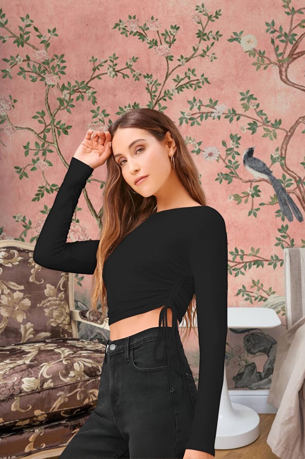 Front view of black round neck full sleeve top for women in palace setting