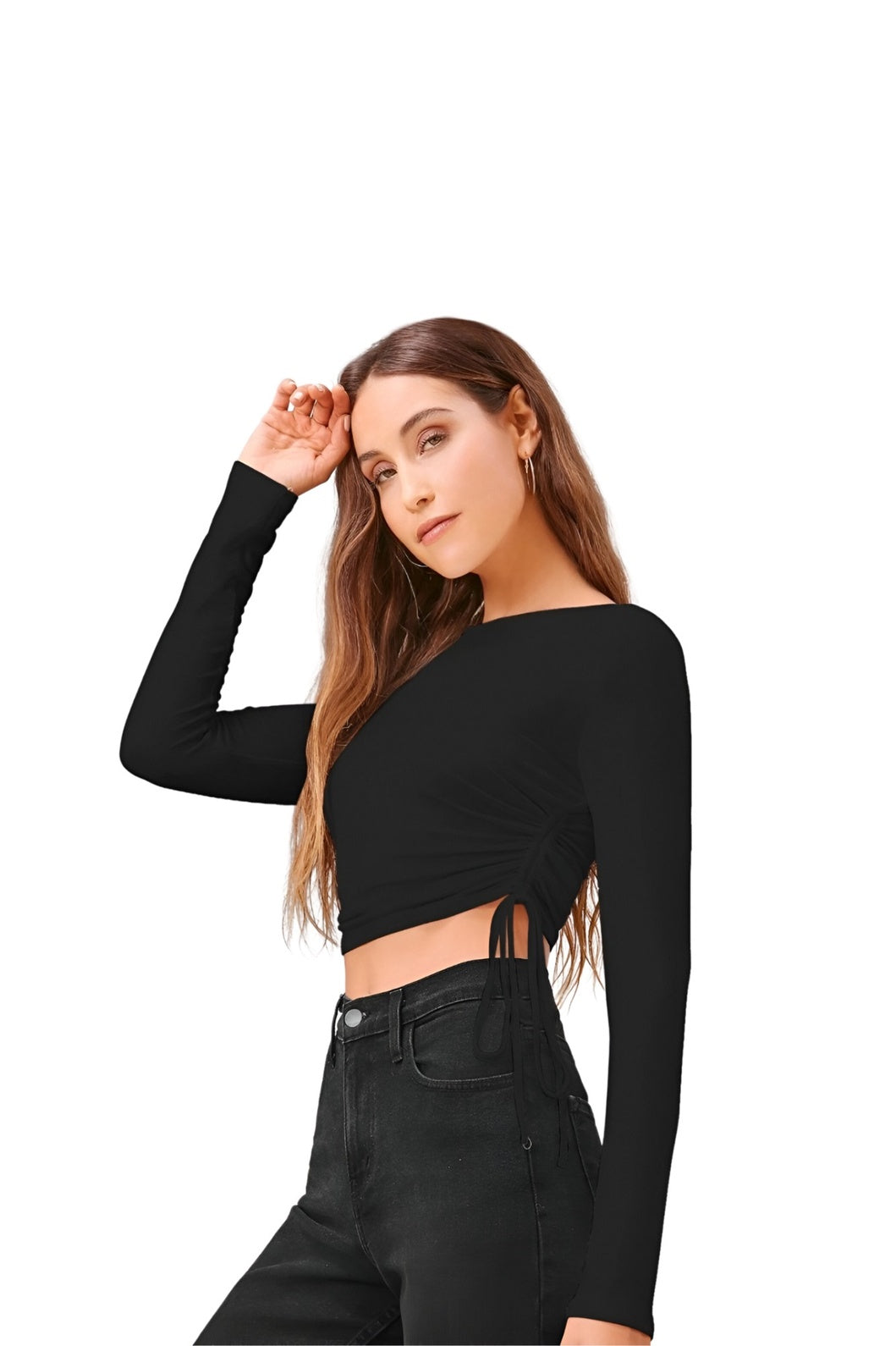 Right studio pose of black women’s full sleeve polyester top