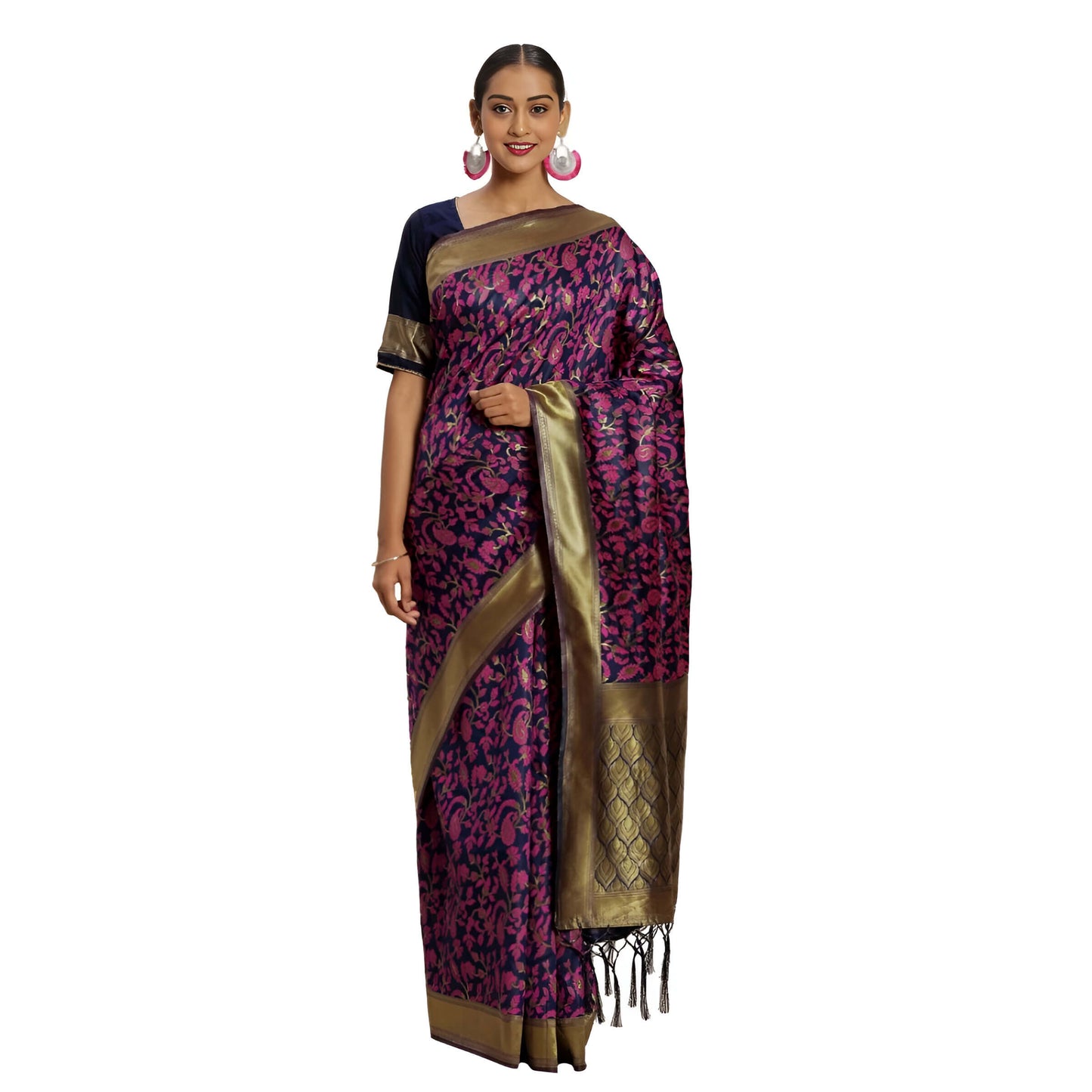 Full-length navy and pink Banarasi silk saree with golden zari border
