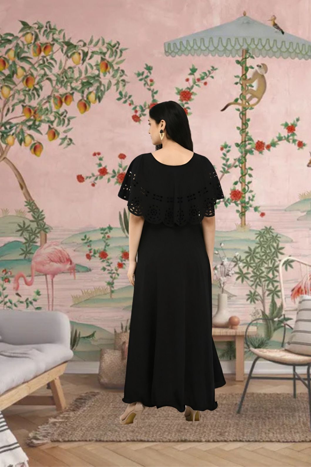 Back view of CELESTINA jet black evening gown