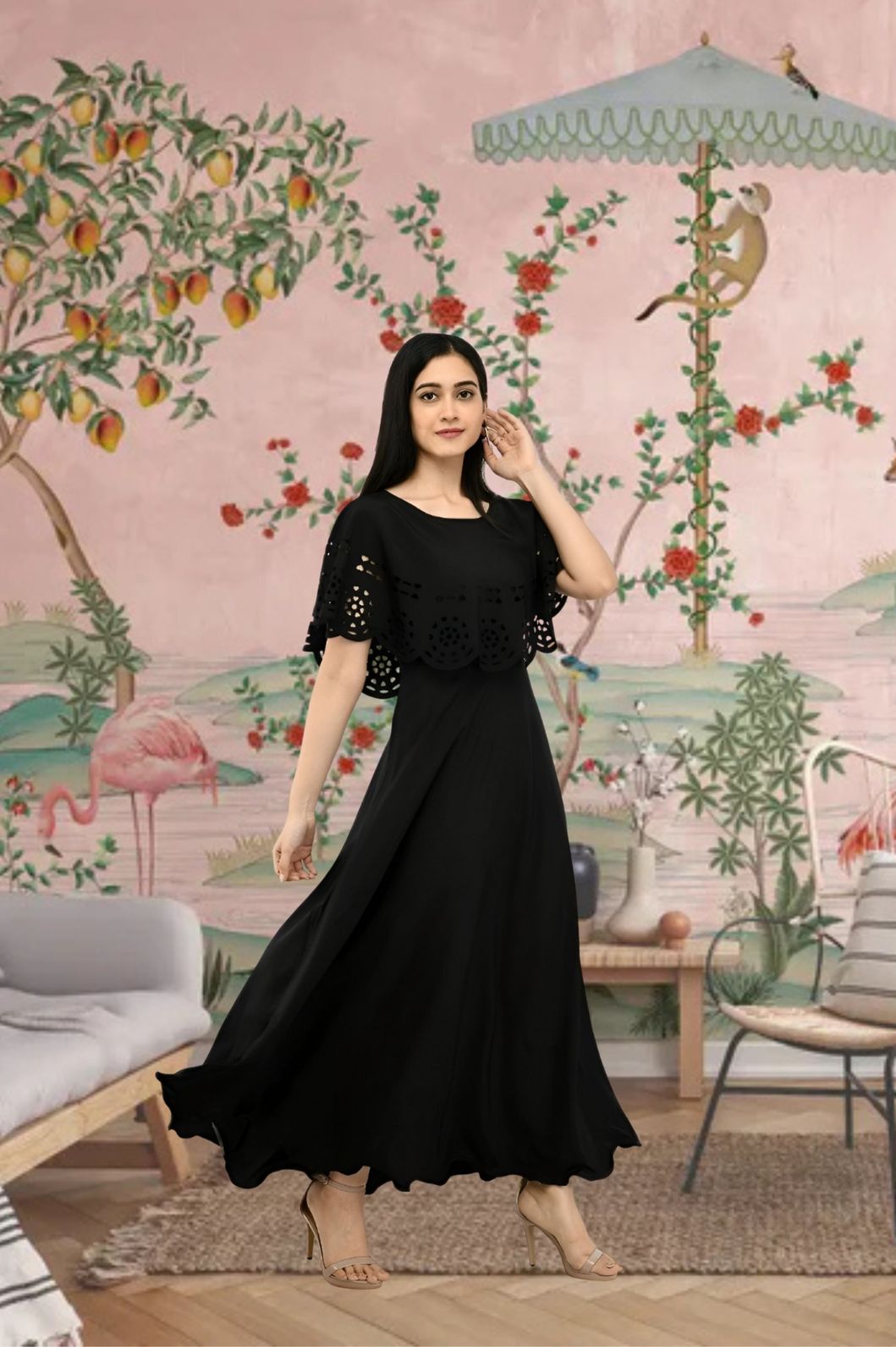 Front view of black sleeveless crepe gown in regal room