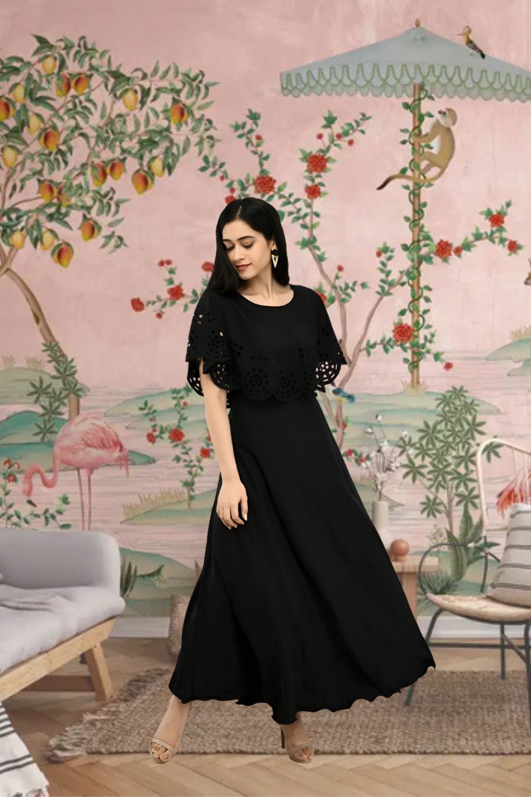 Side angle of long black sleeveless heritage gown