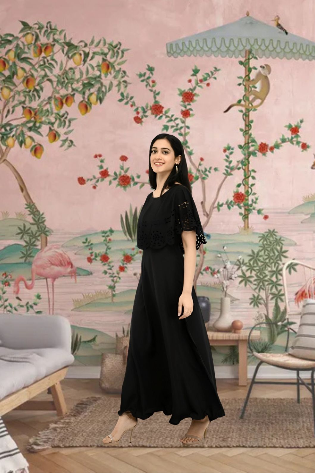 Right profile of black crepe gown in palace backdrop
