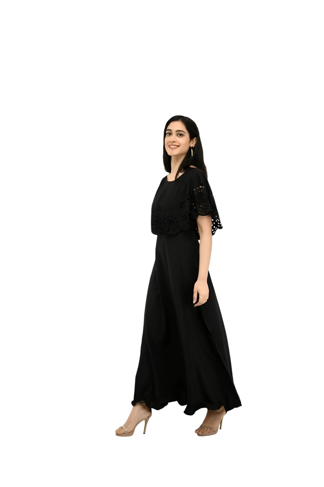 Right studio view of black crepe gown from CELESTINA