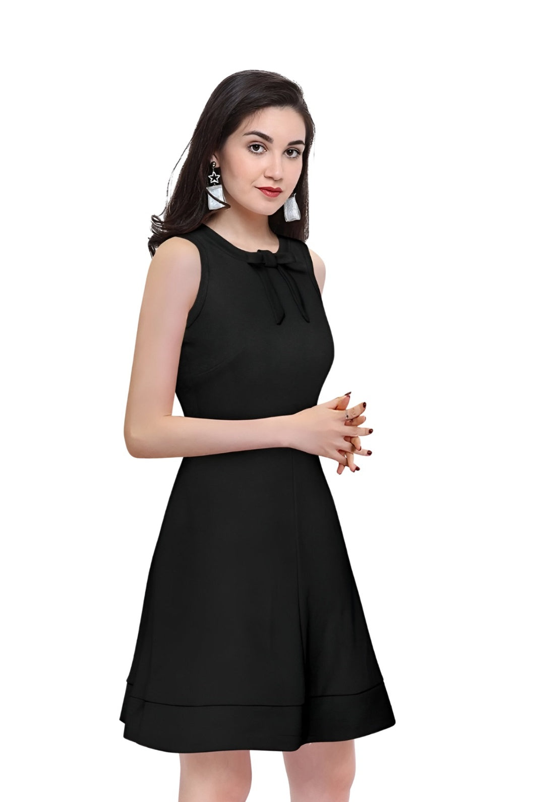 Side profile of the Nocturne Bloom black polyester dress with clean background