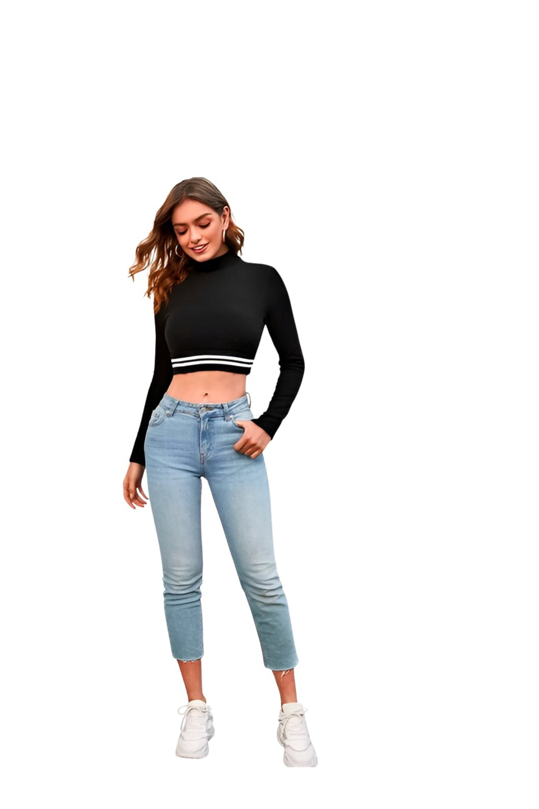 Bold front view of black crop top—minimal yet striking
