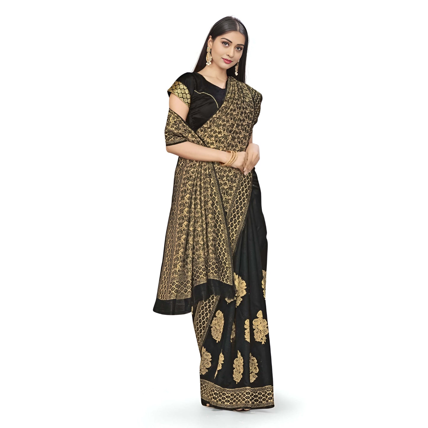 Detailed look at golden zari border of black Banarasi silk saree