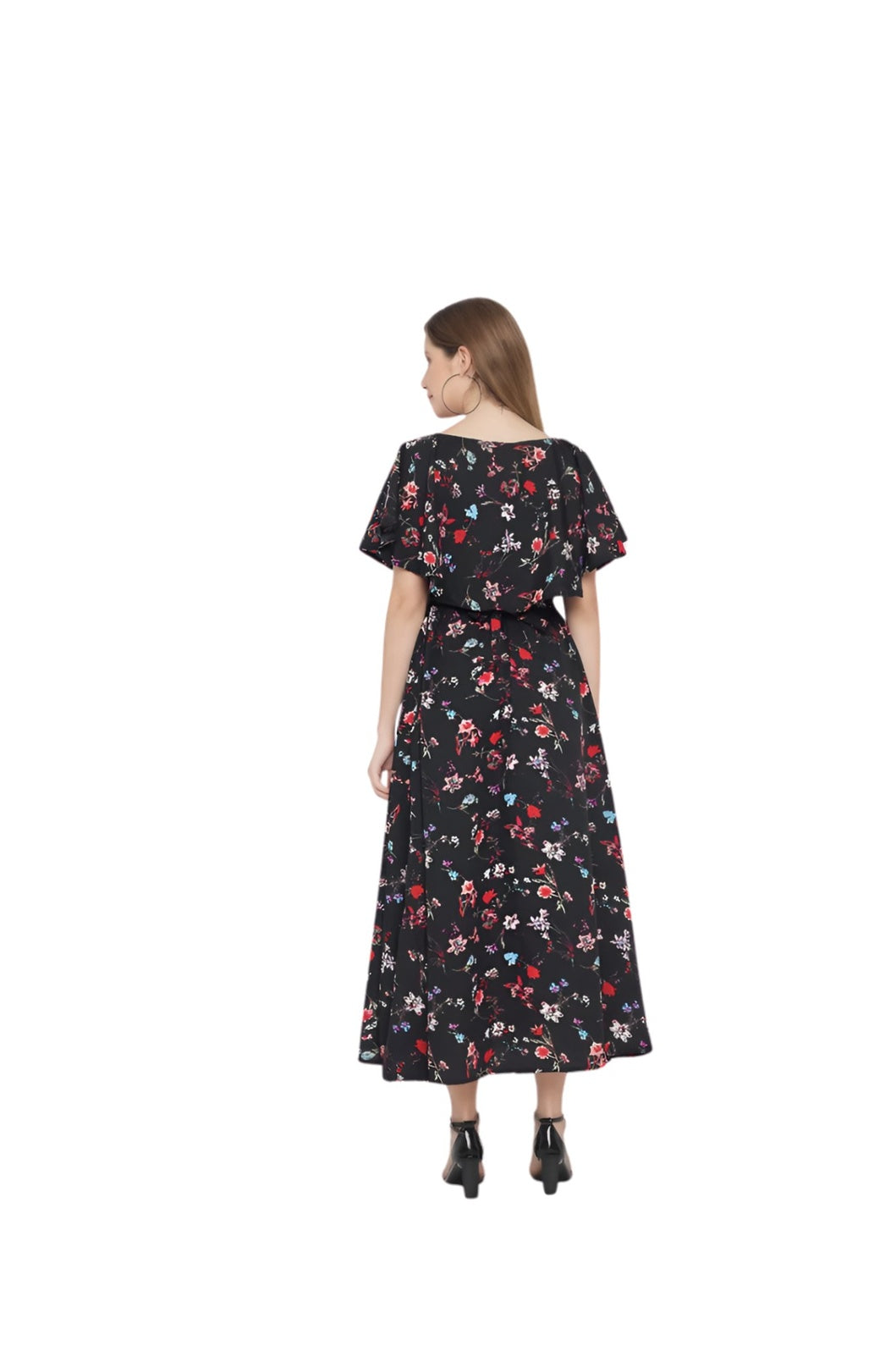 Back view studio image of black floral crepe gown