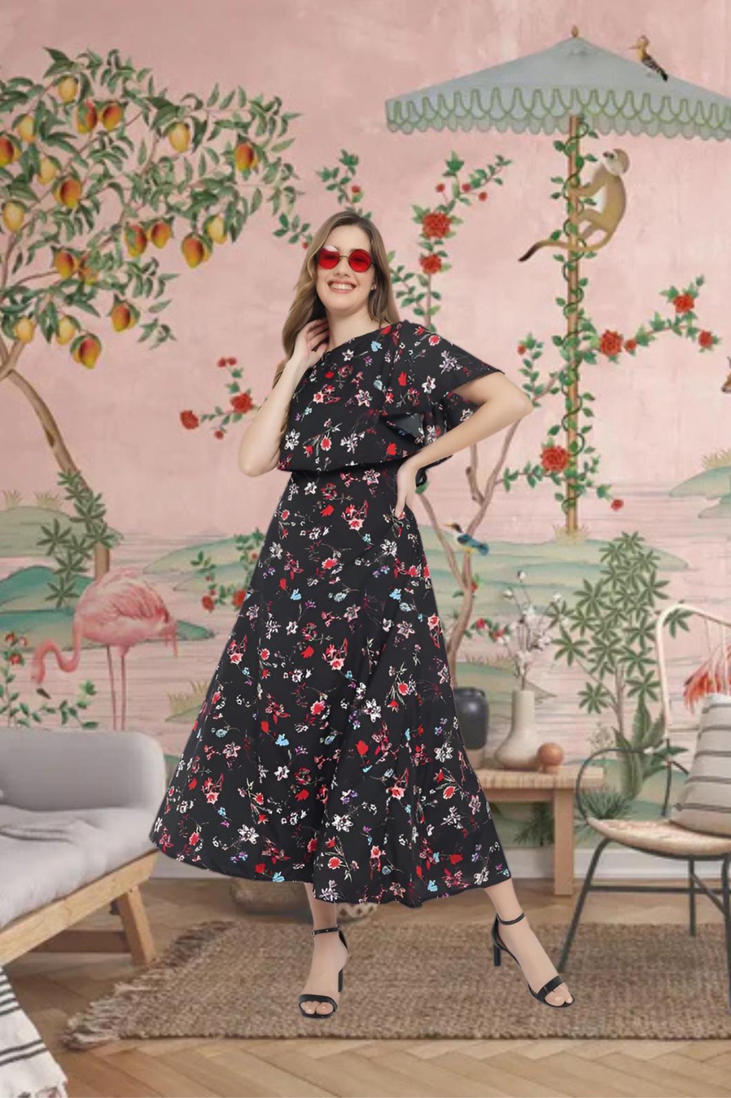 Front view of black floral full-length gown in palace interior