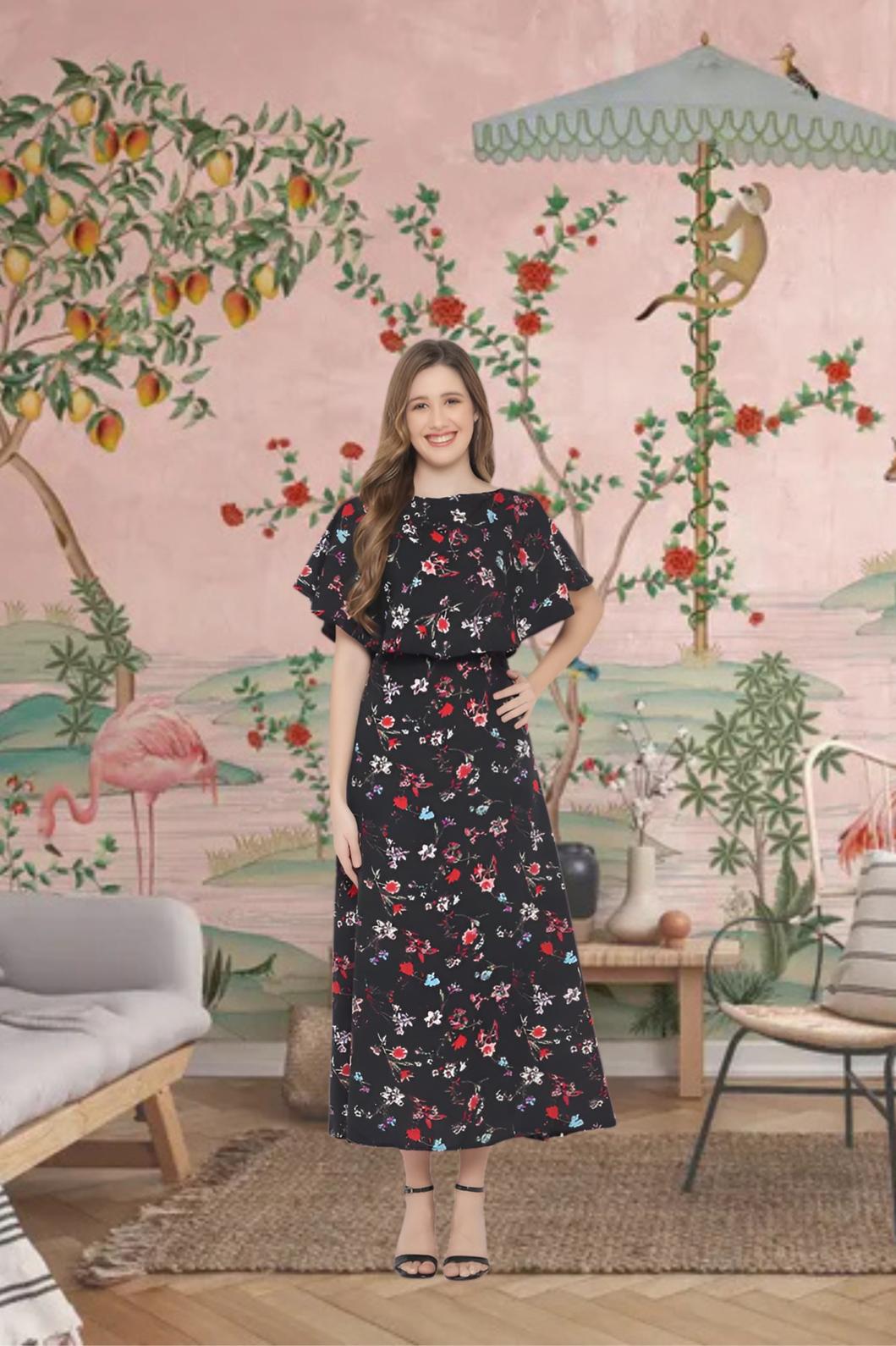 Front view of black floral full-length gown in palace interior