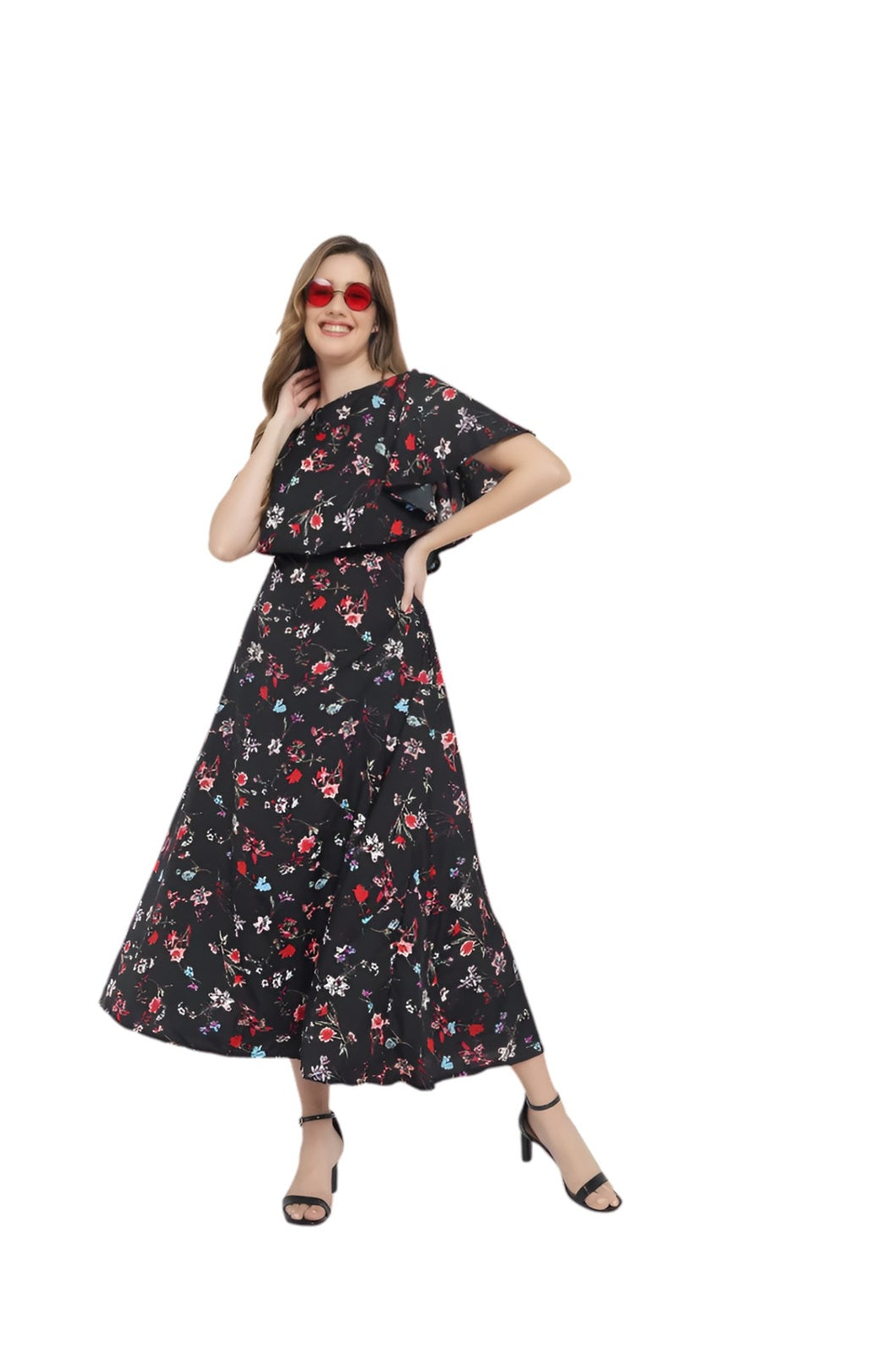 Studio shot front view of black floral CELESTINA gown