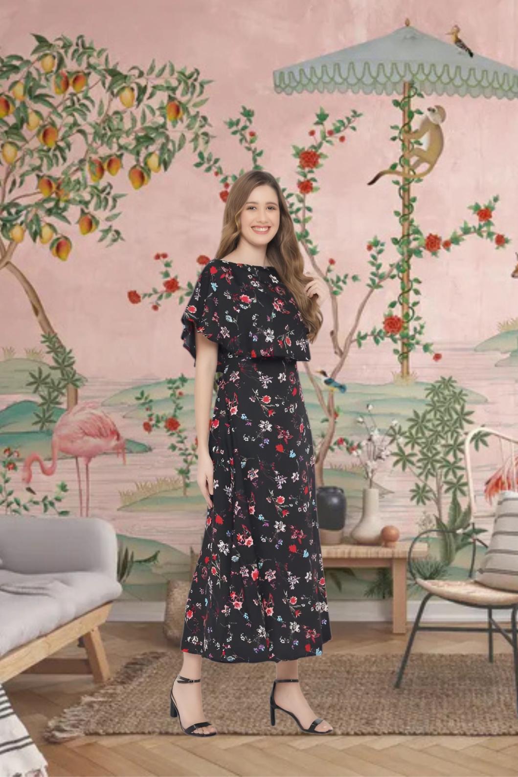Side profile of floral gown in black in palace setting