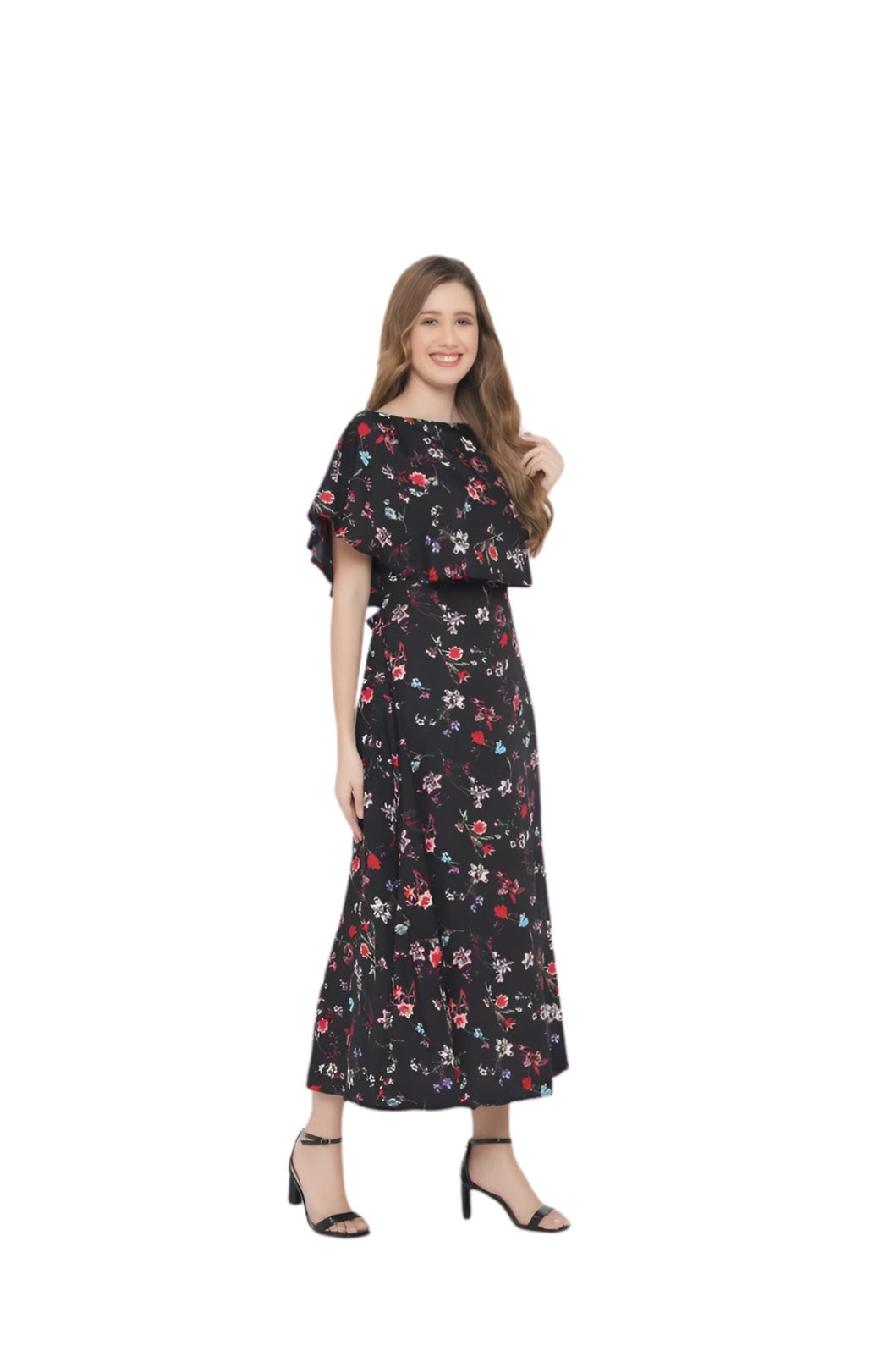 Side profile studio view of CELESTINA floral gown in black