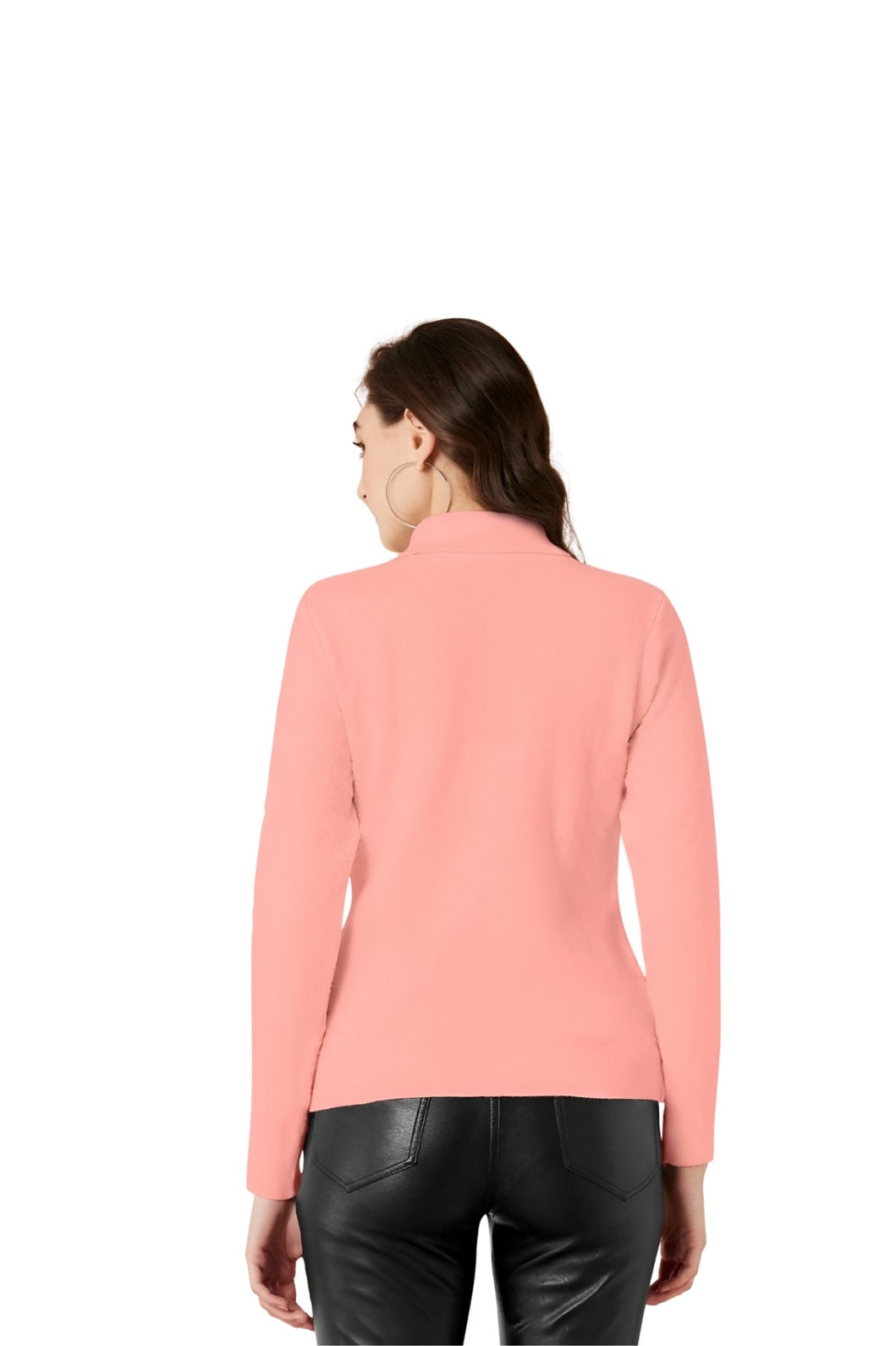 Back studio pose of women's peach high-neck top