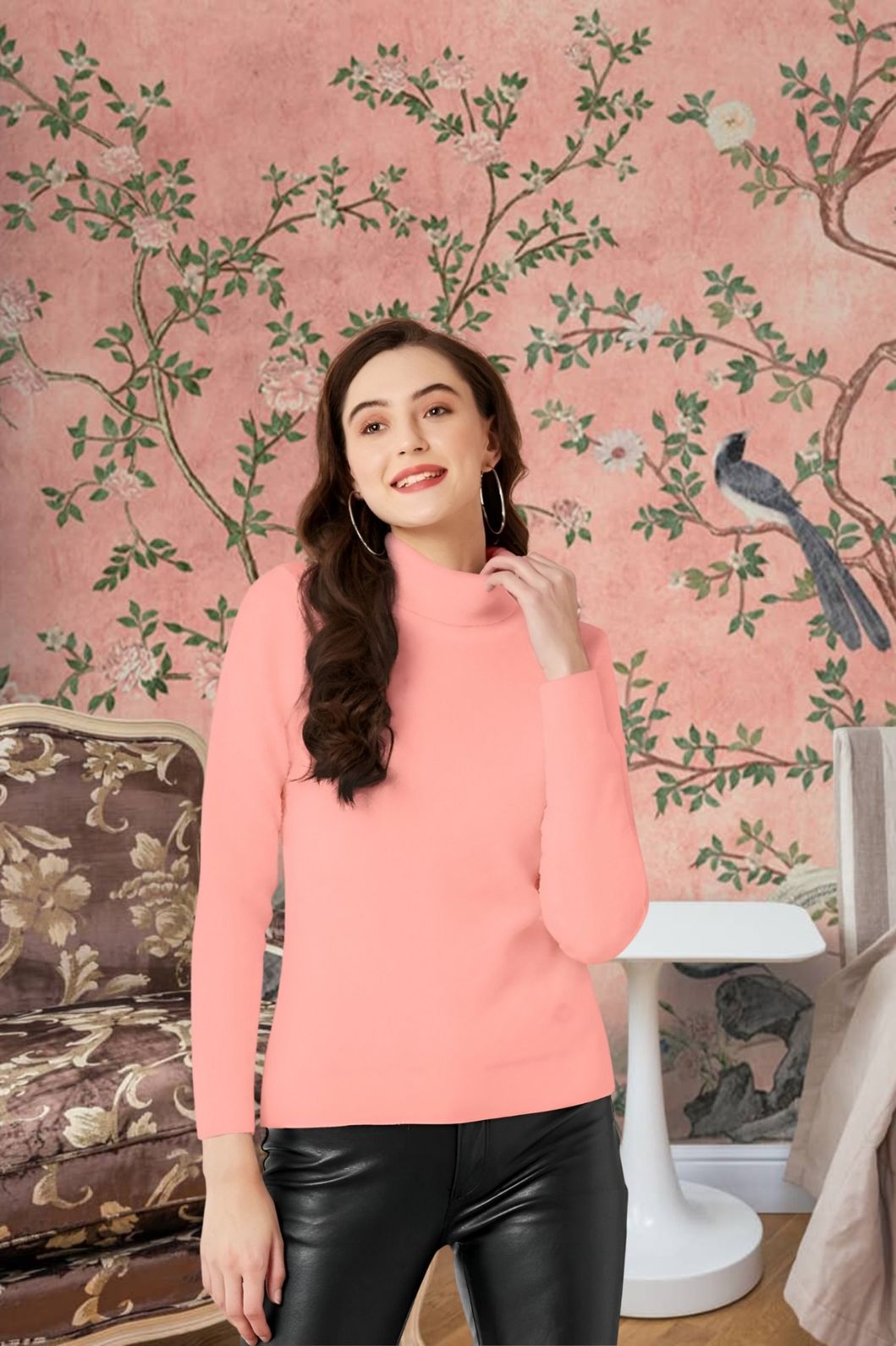 Front view of peach high-neck full sleeve t-shirt in palace background