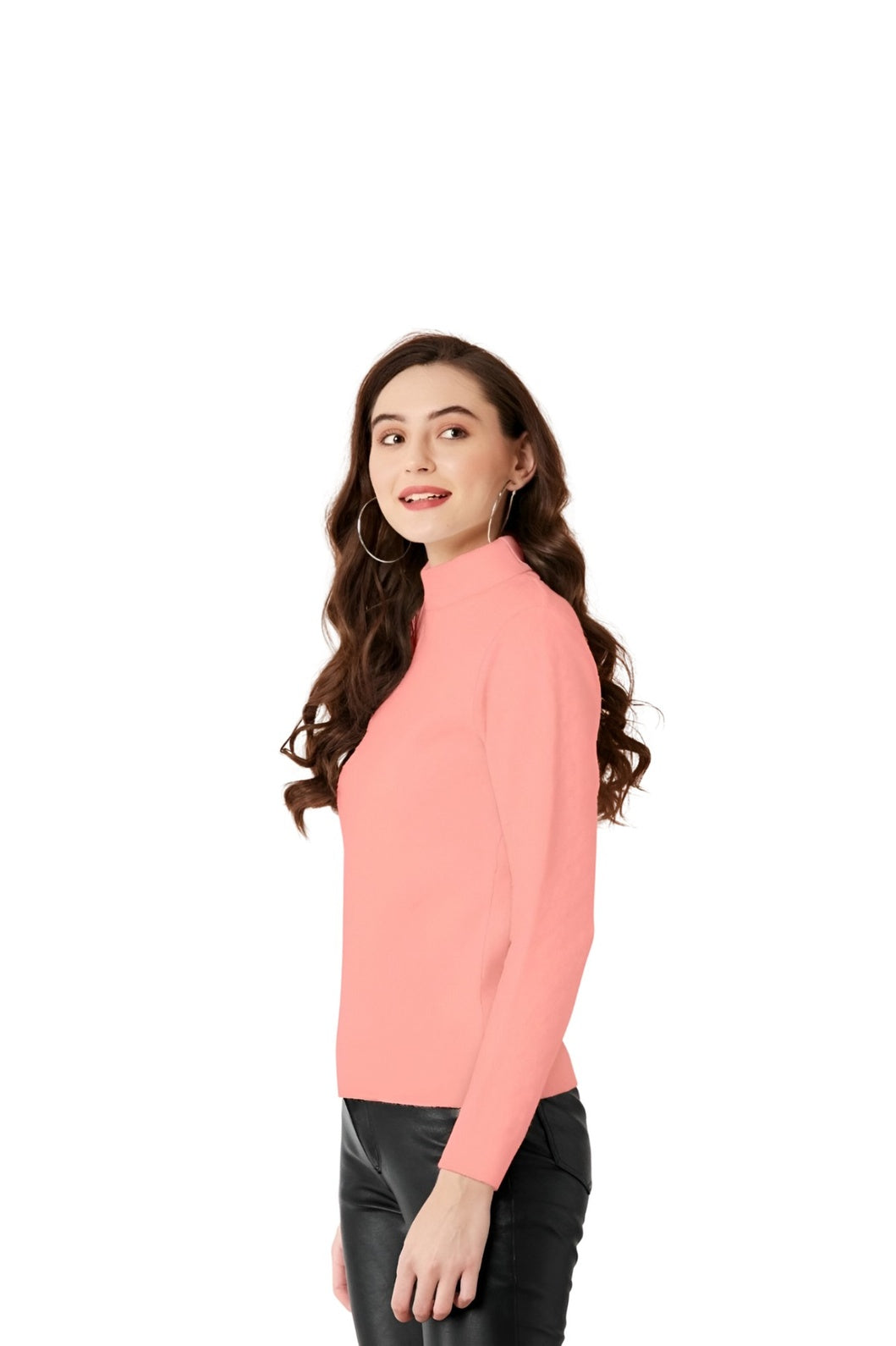 Right side studio shot of peach high-neck women's t-shirt