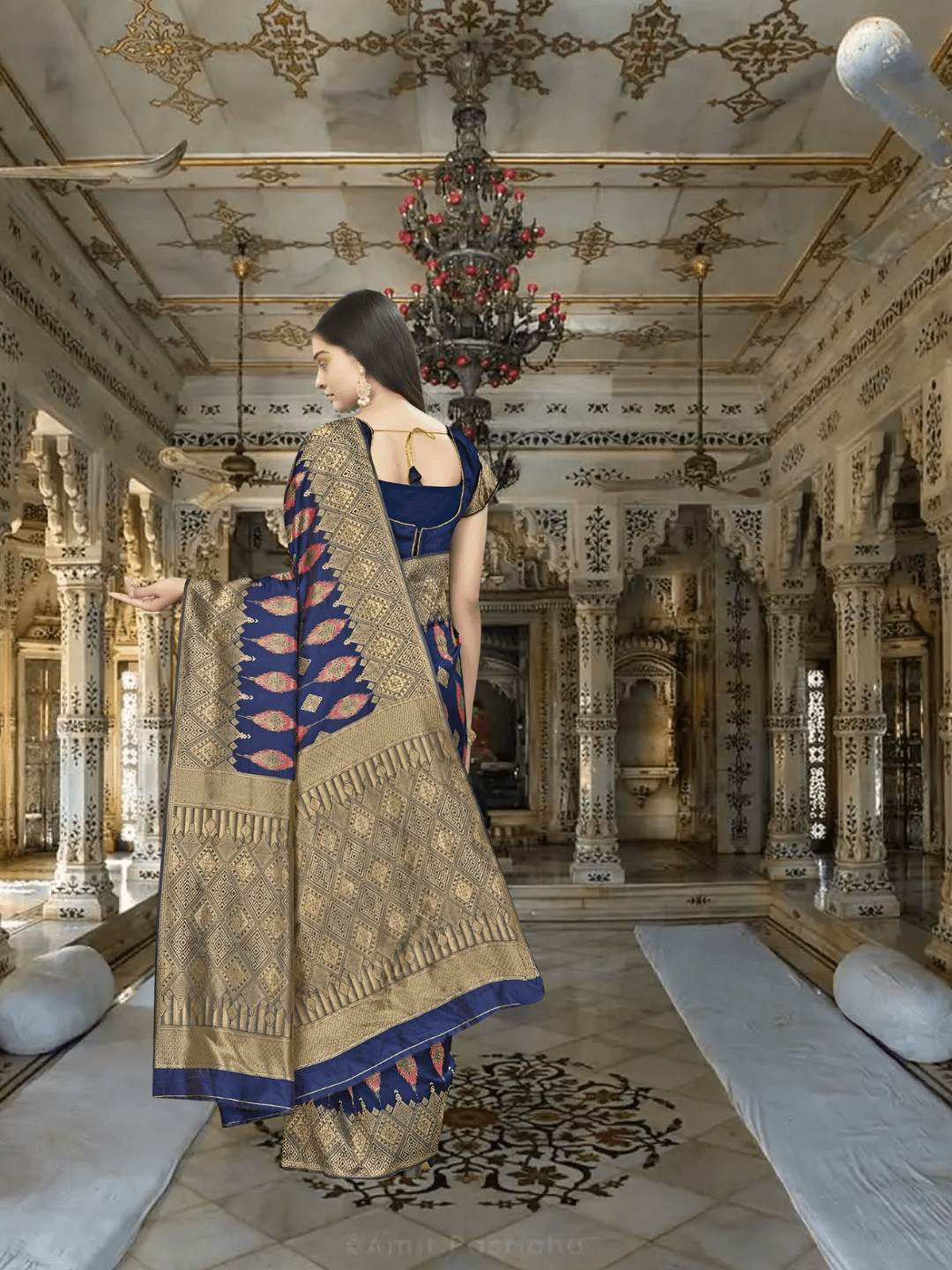 Macro of gold fractals on navy silk – like bioluminescent sea creatures