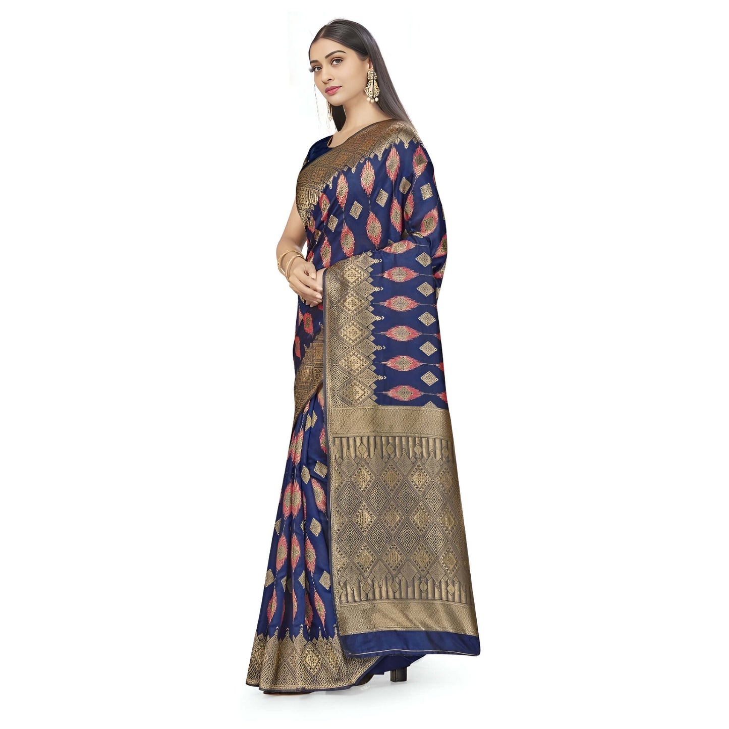 Navy silk cross-section under lab lights, gold threads like vein networks