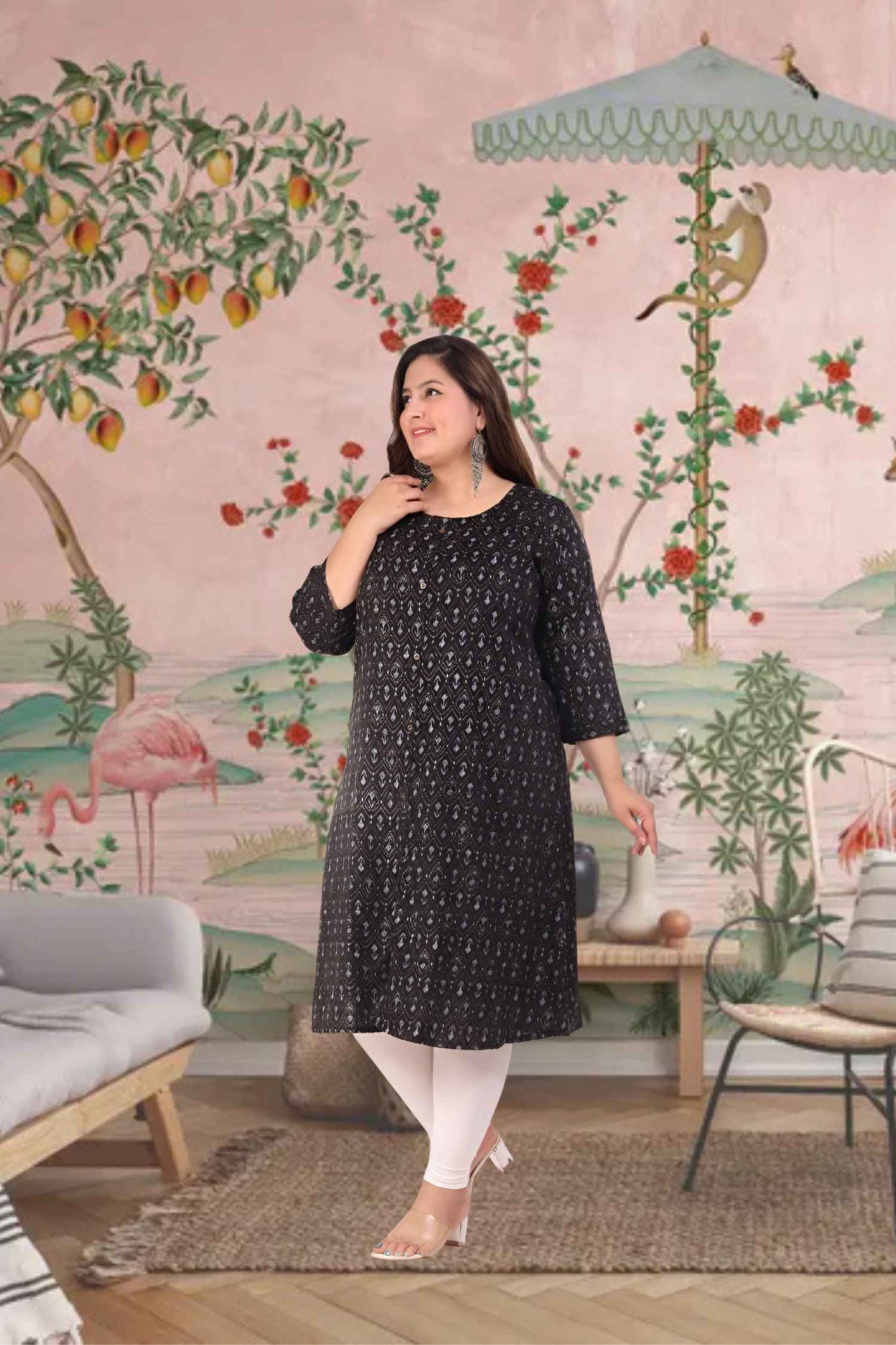 Side shot capturing movement and floral patterns