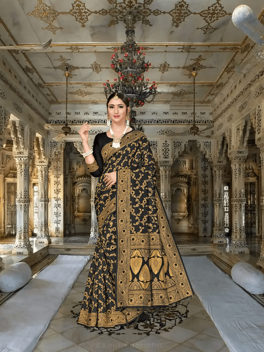 Model in motion: gold flowers on black silk appearing to shimmer