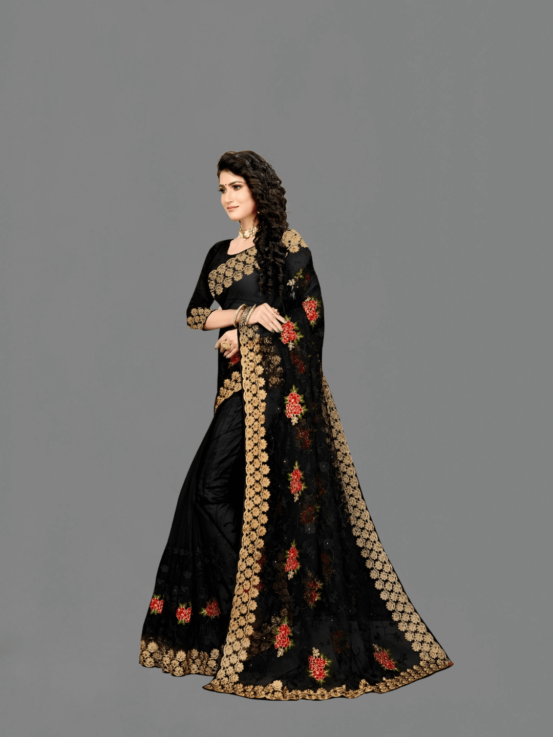 Border detail isolated on grey, embroidery resembling tarnished silver filigree