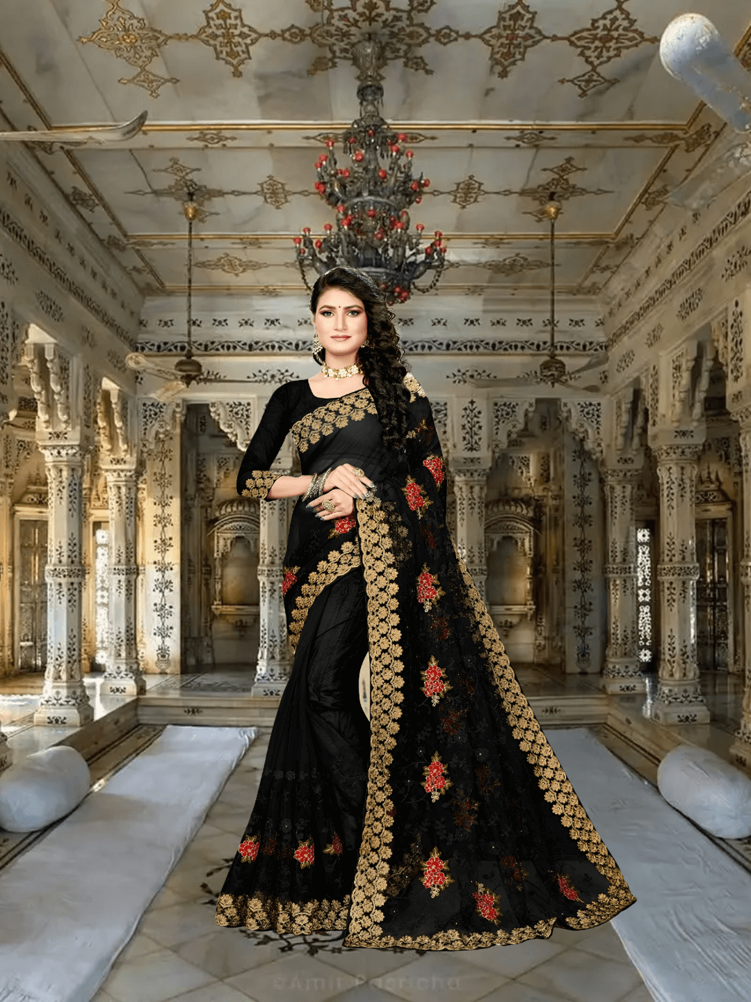 Black net saree against palace arches, silver embroidery glowing like fractured moonlight