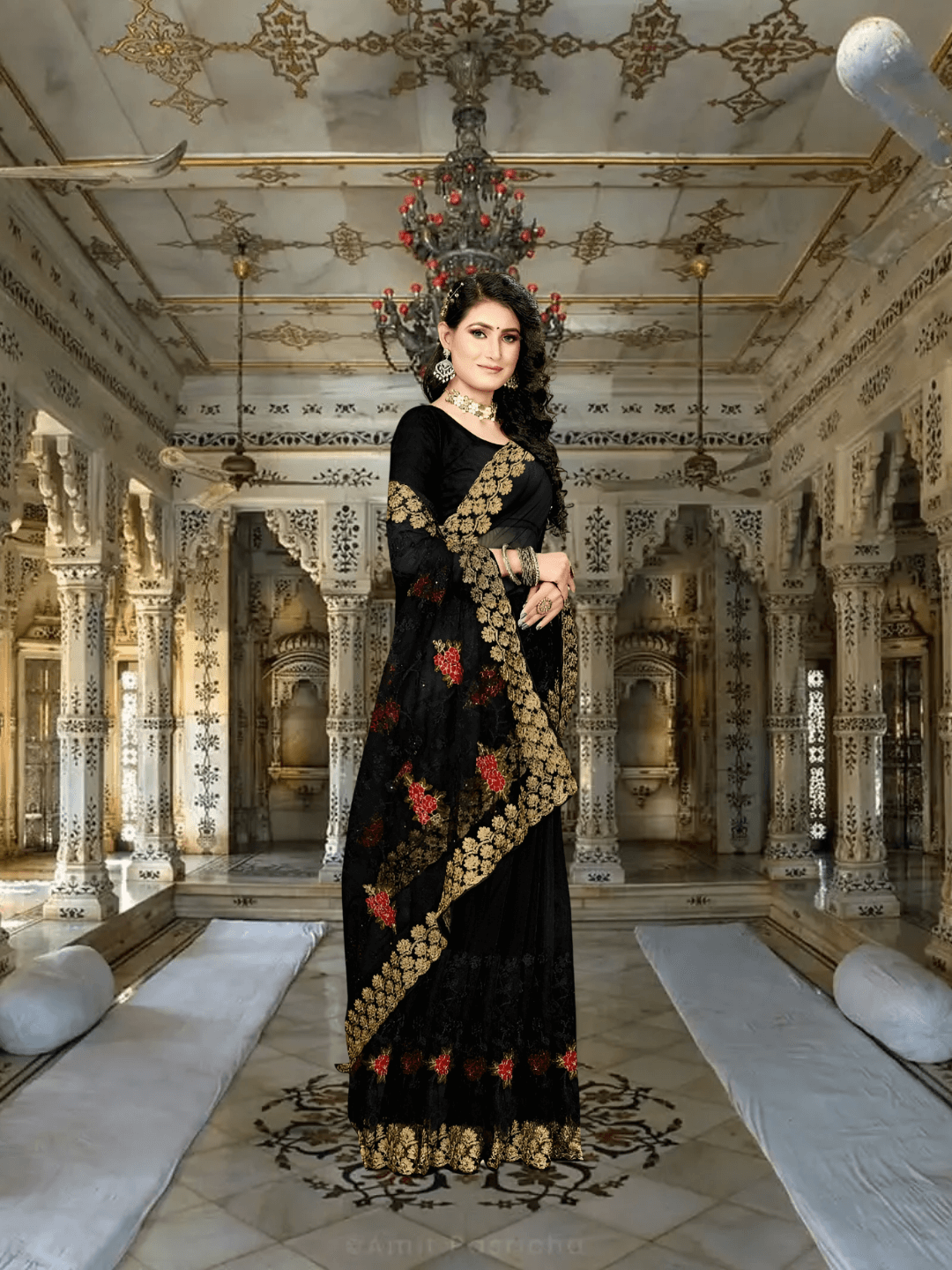 Back drape cascading like a gothic cathedral’s shadow, border sharp as cut paper