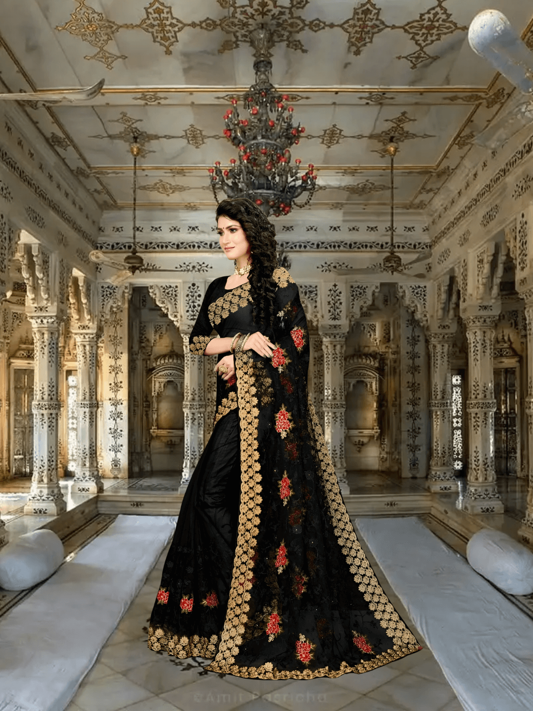 Close-up of sheer black net over skin, silver vines framing collarbones