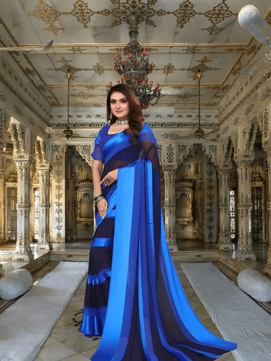 Close-up of cosmic wave print on Ocean Midnight saree