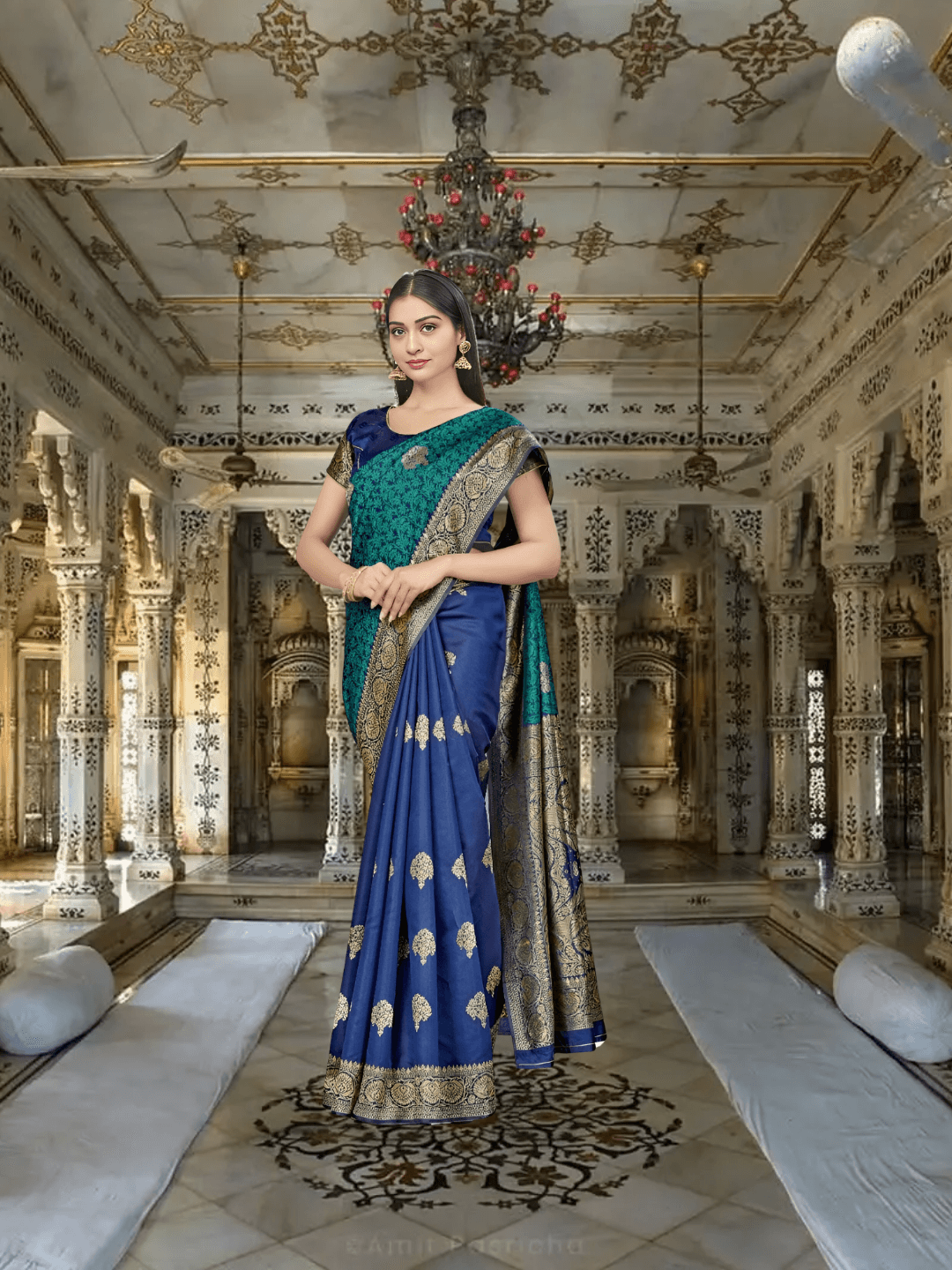 Macro of gold Ramayana-inspired motifs on dual-tone silk